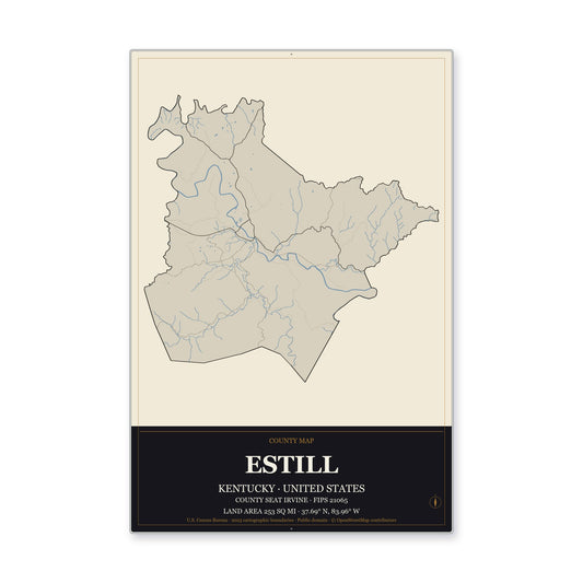 Estill County, Kentucky Map Aluminum Sign in Museum Plaque style
