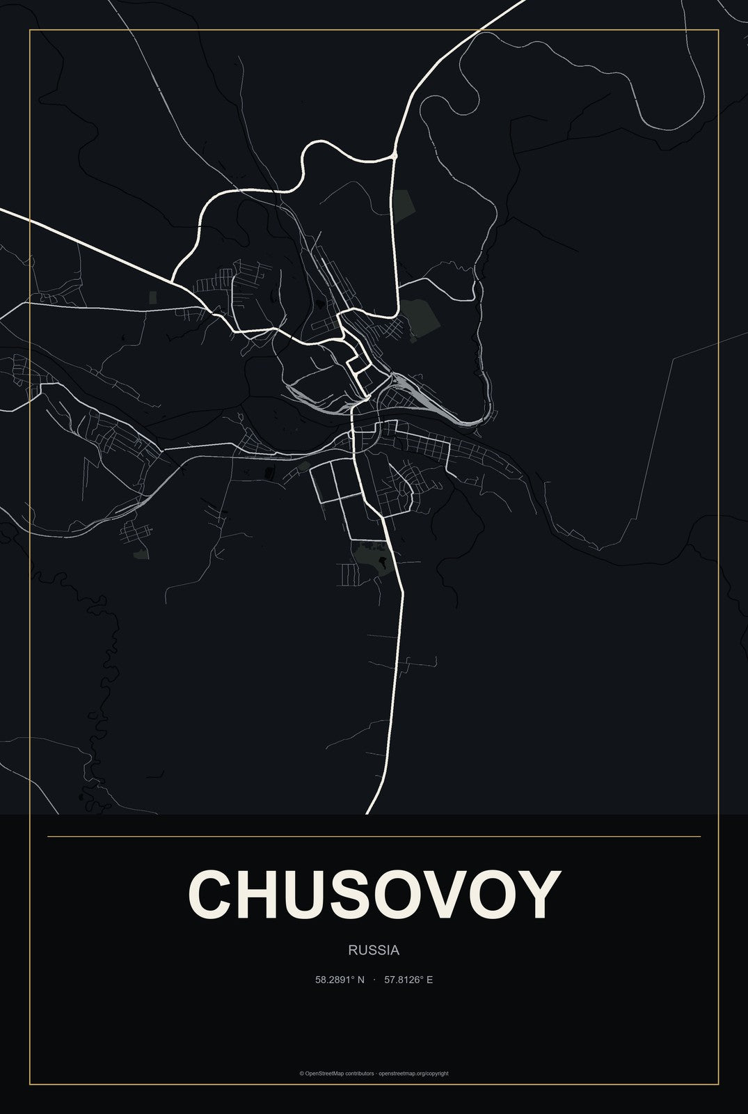 Chusovoy, Russia City Map Aluminum Sign in Metropolitan Noir style