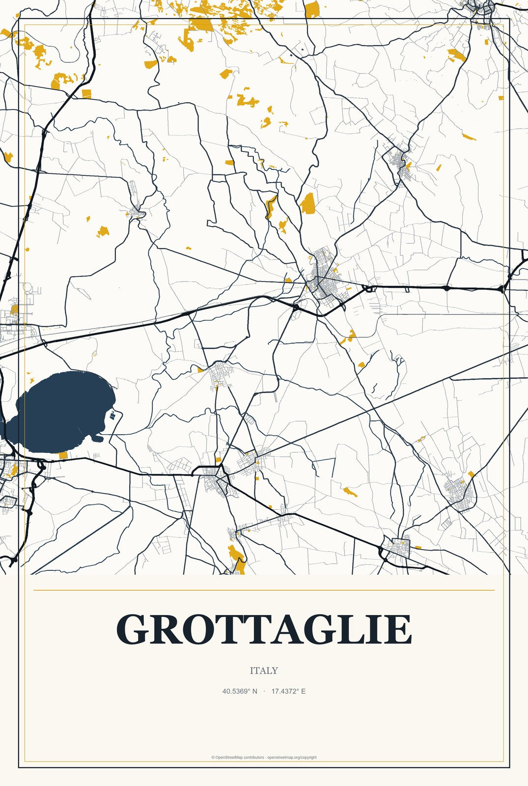 Grottaglie, Italy City Map Aluminum Sign in Citrine Modern style
