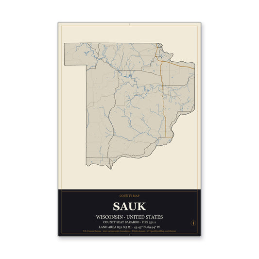 Sauk County, Wisconsin Map Aluminum Sign in Museum Plaque style