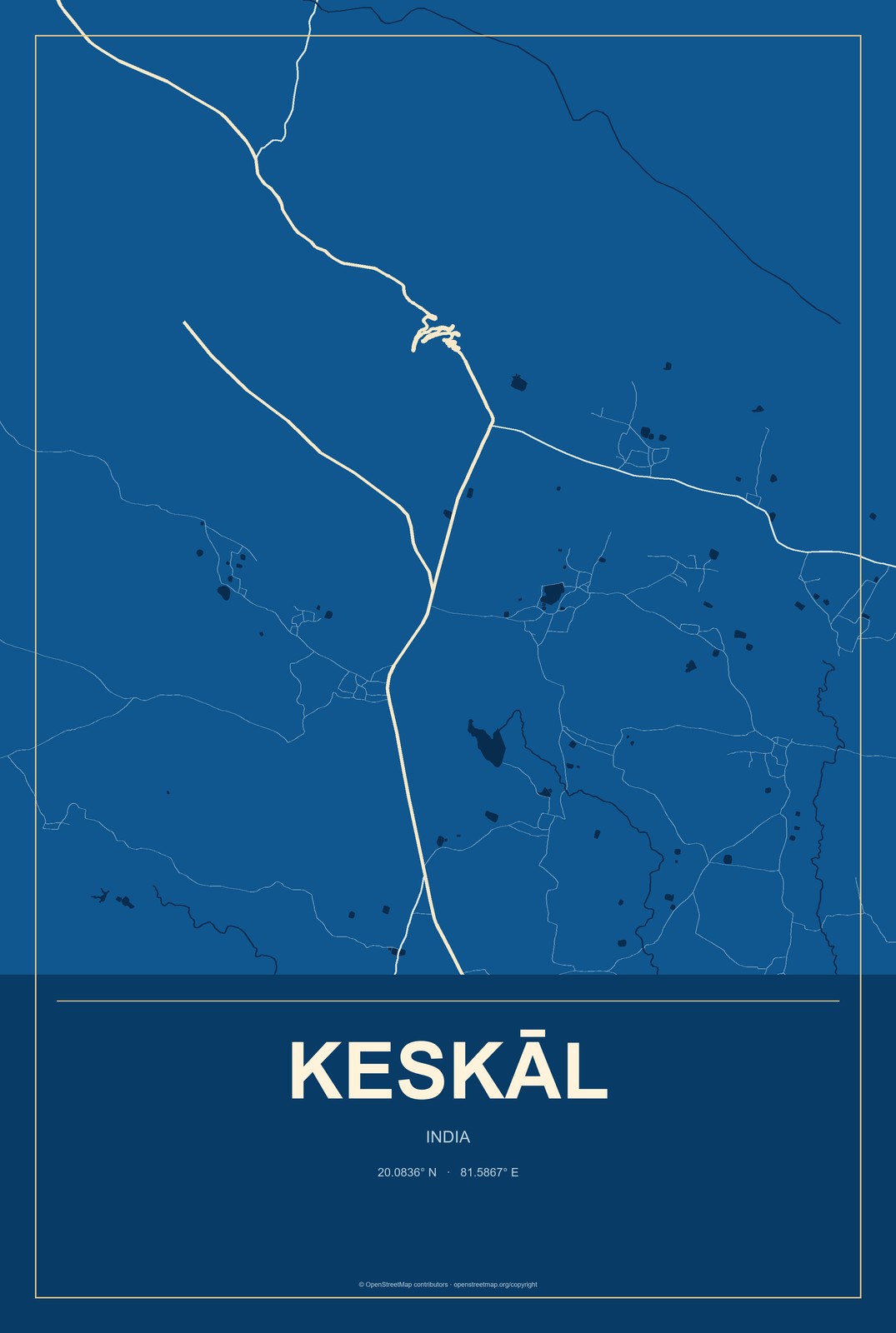 Keskāl, India City Map Aluminum Sign in Harbor Cobalt style