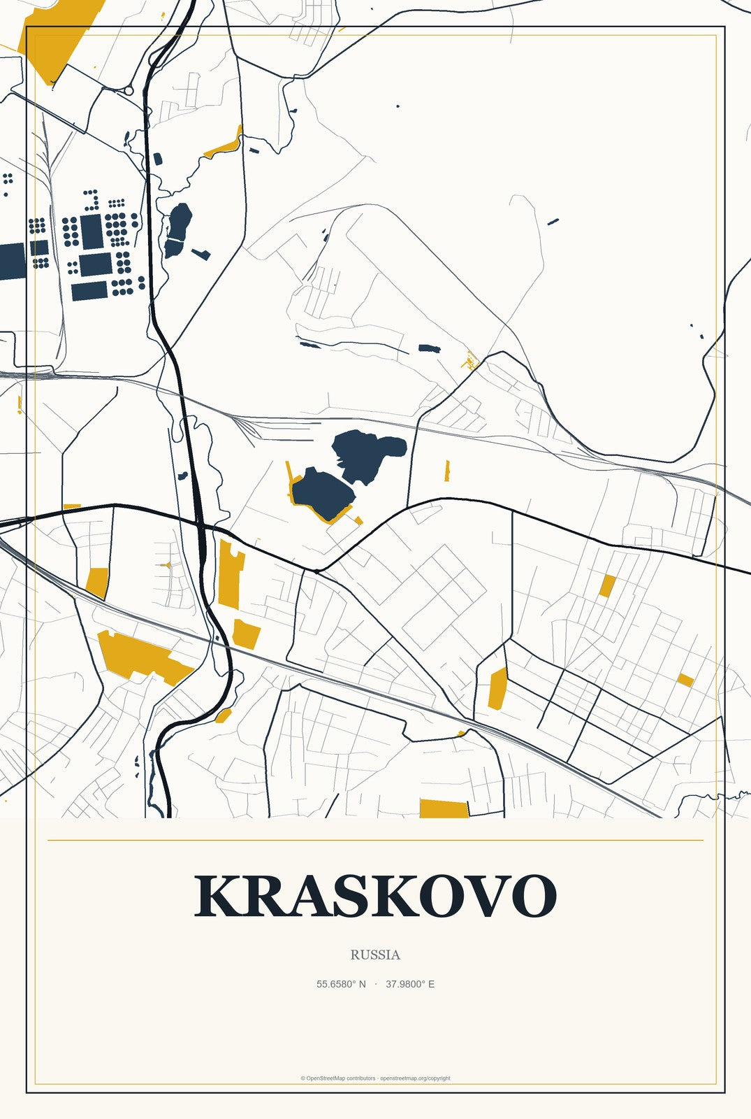 Kraskovo, Russia City Map Aluminum Sign in Citrine Modern style