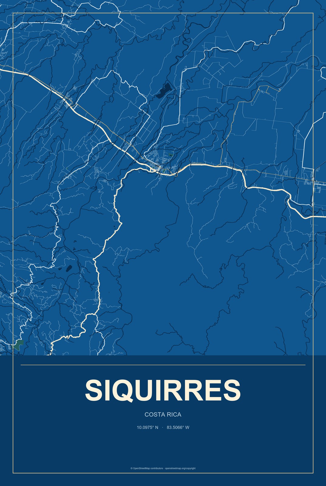 Siquirres, Costa Rica City Map Aluminum Sign in Harbor Cobalt style