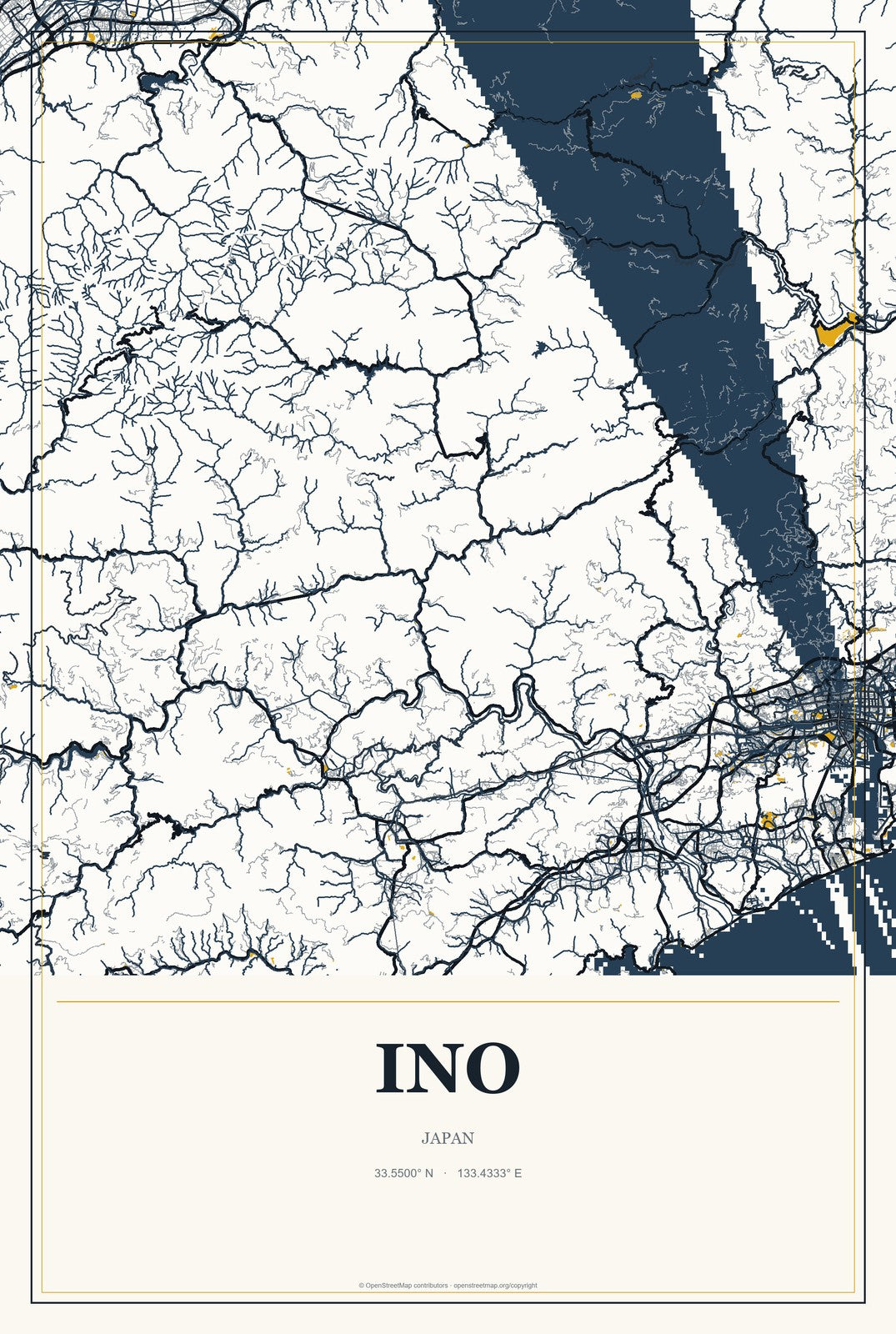 Ino, Japan City Map Aluminum Sign in Citrine Modern style