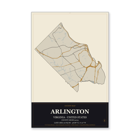 Arlington County, Virginia Map Aluminum Sign in Museum Plaque style