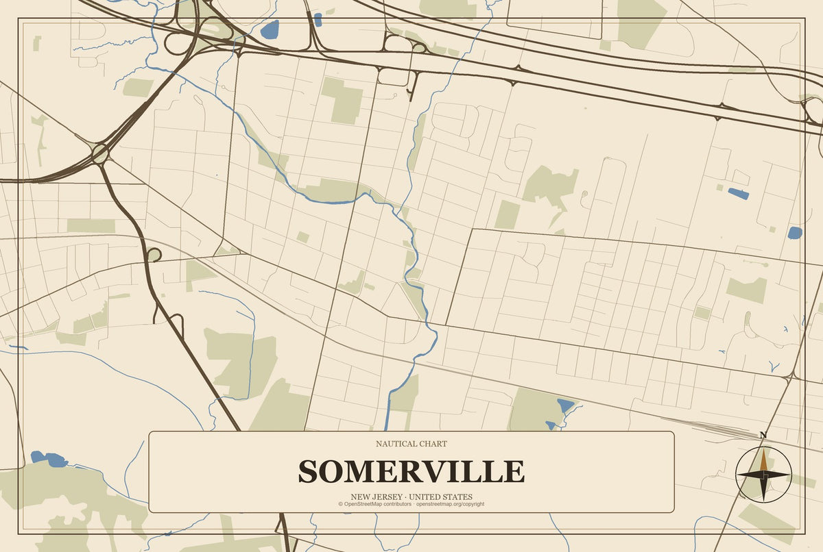 Somerville, New Jersey City Map Aluminum Sign in Heritage Nautical style
