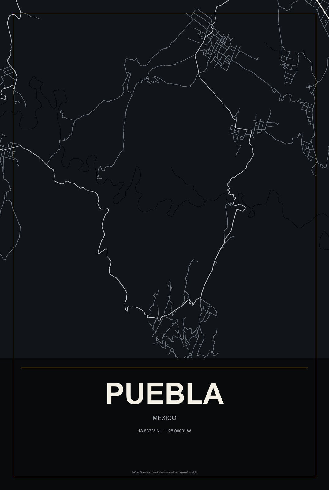 Puebla, Mexico City Map Aluminum Sign in Metropolitan Noir style