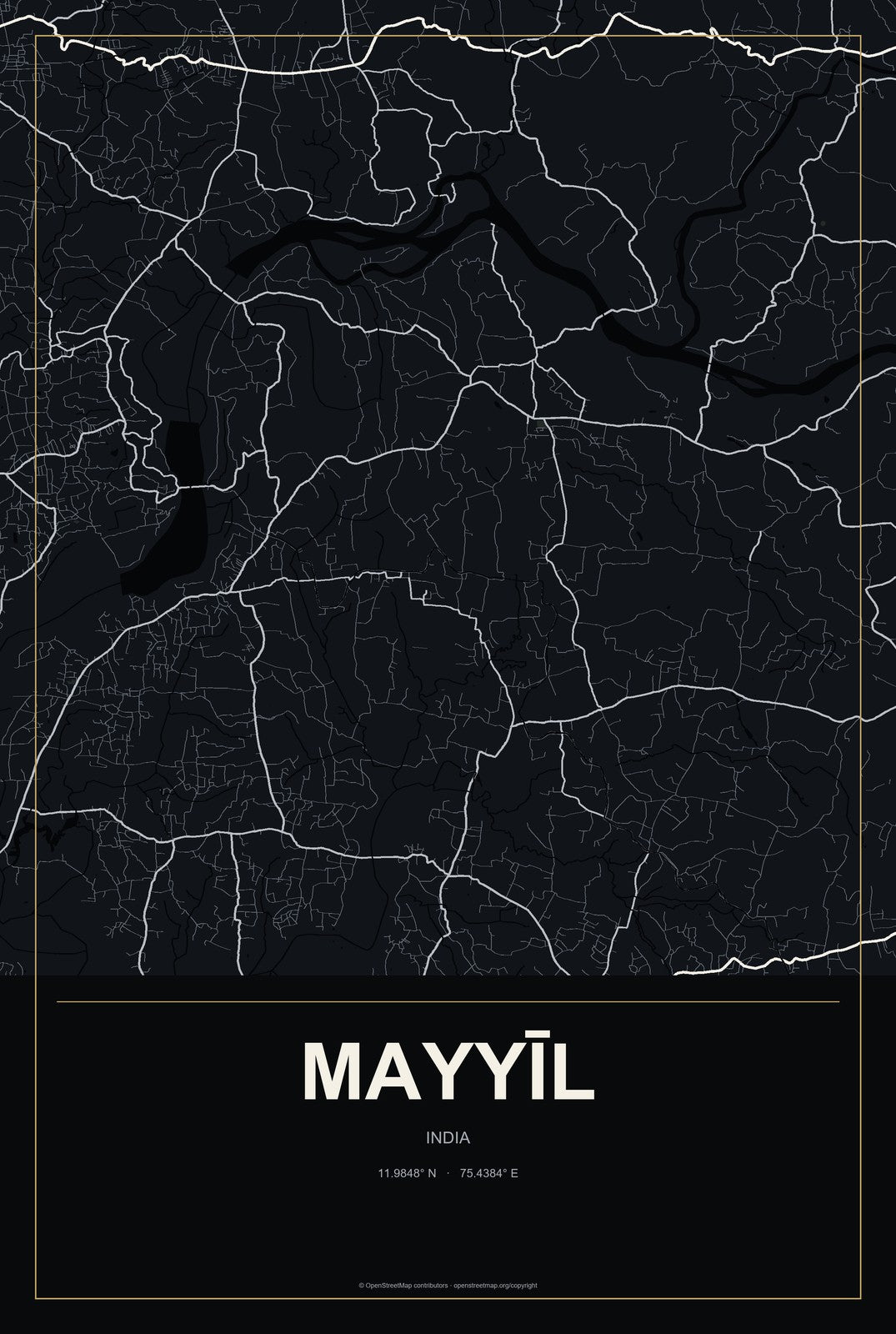 Mayyīl, India City Map Aluminum Sign in Metropolitan Noir style