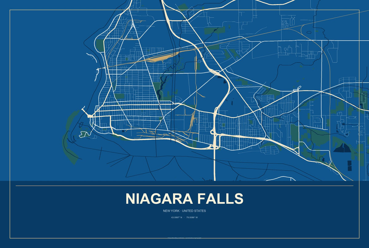 Niagara Falls, New York City Map Aluminum Sign in Harbor Cobalt style