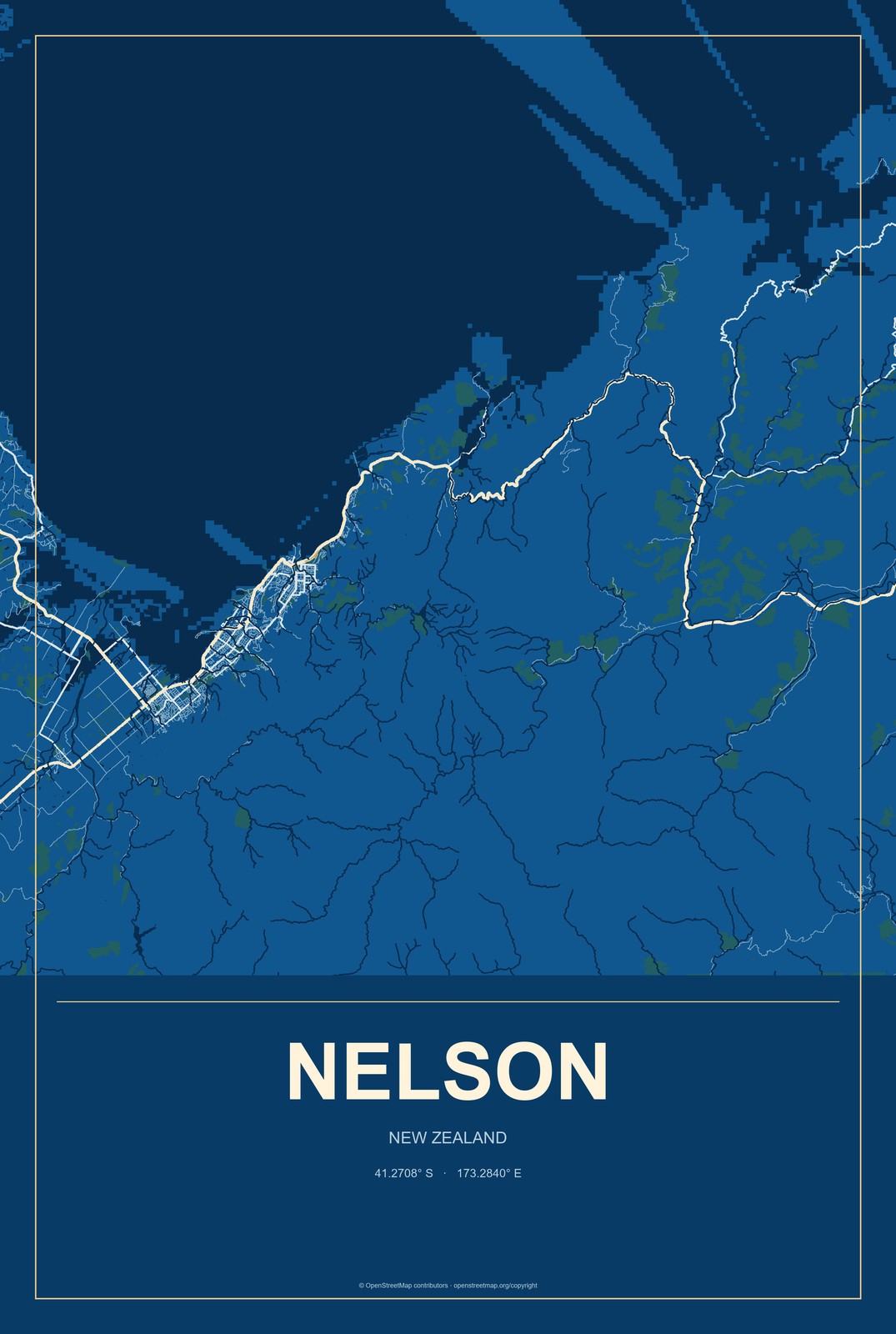 Nelson, New Zealand City Map Aluminum Sign in Harbor Cobalt style
