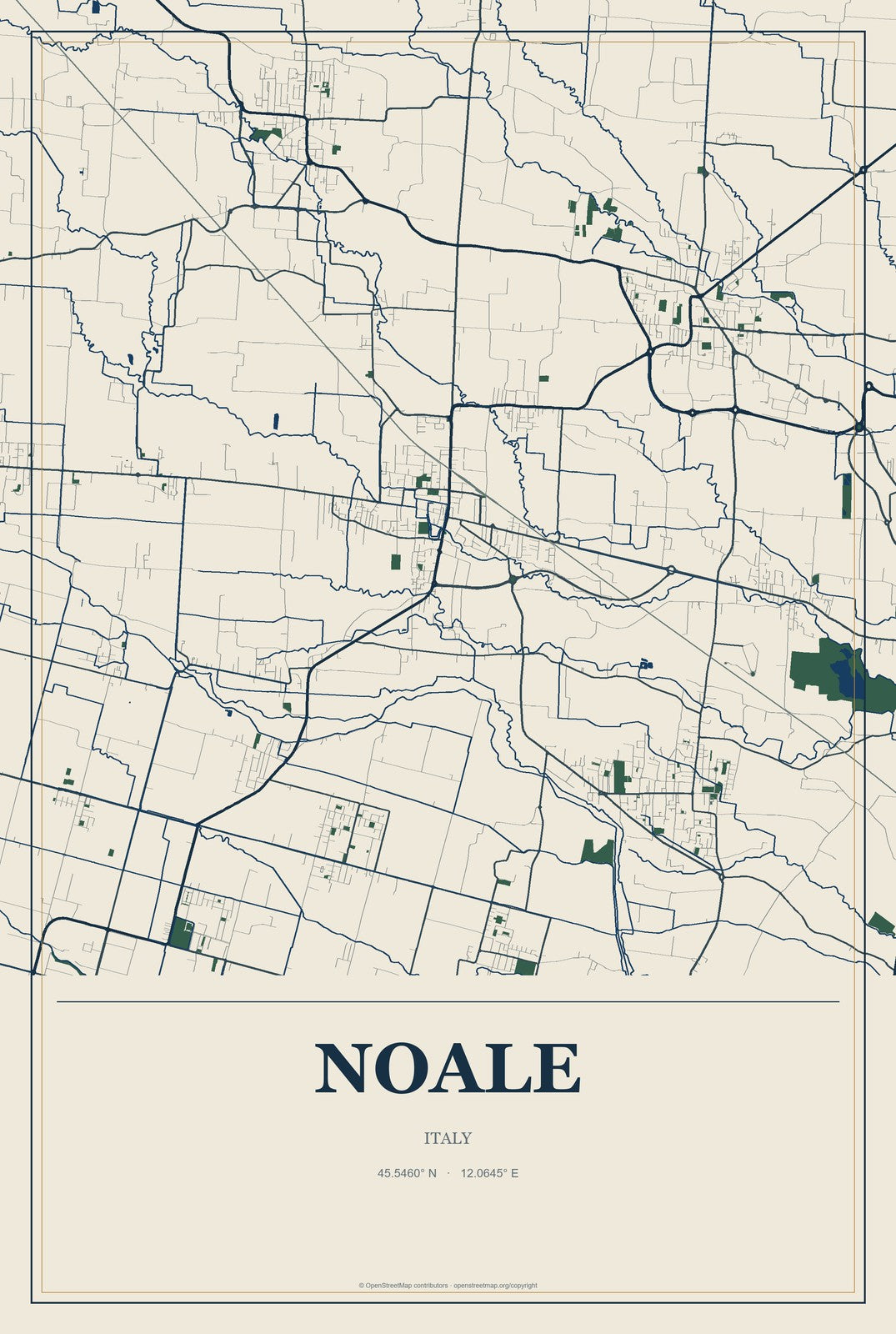 Noale, Italy City Map Aluminum Sign in Coastal Cutout style