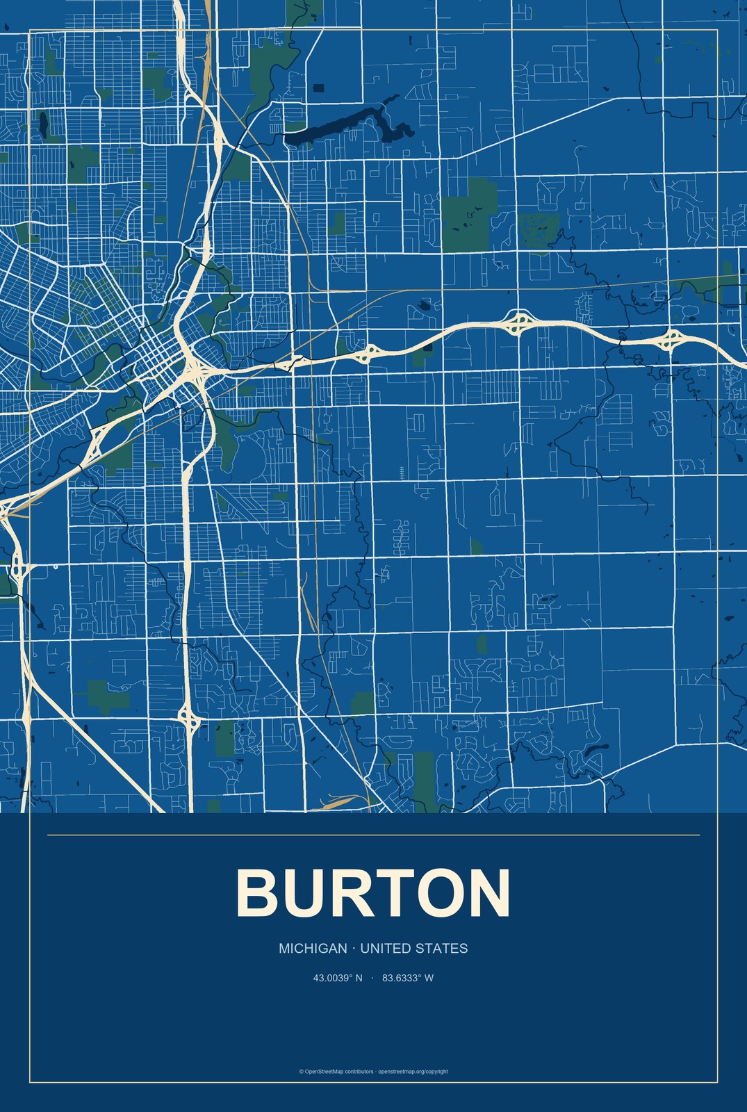 Burton, Michigan City Map Aluminum Sign in Harbor Cobalt style