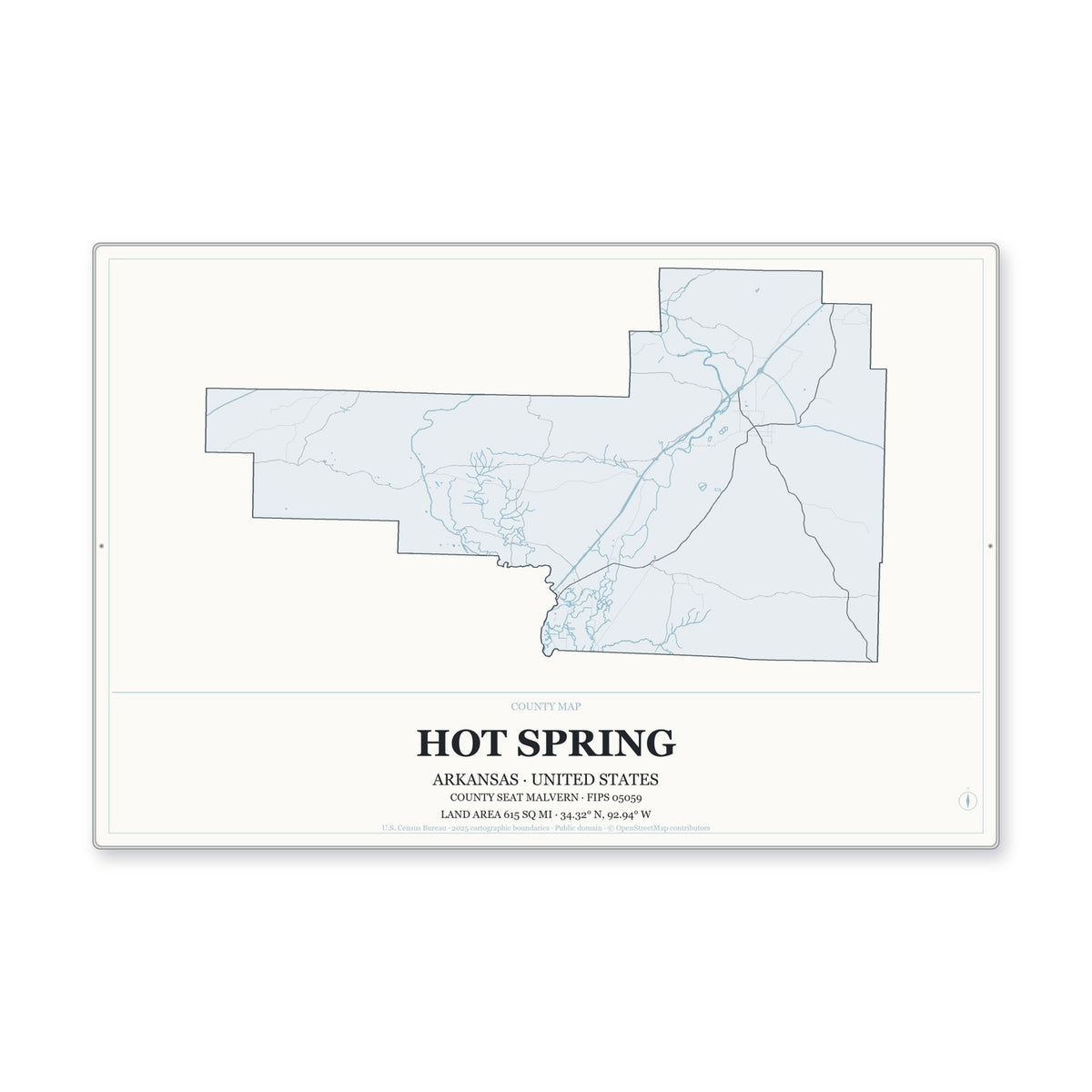 Hot Spring County, Arkansas Map Aluminum Sign in Gallery Air style