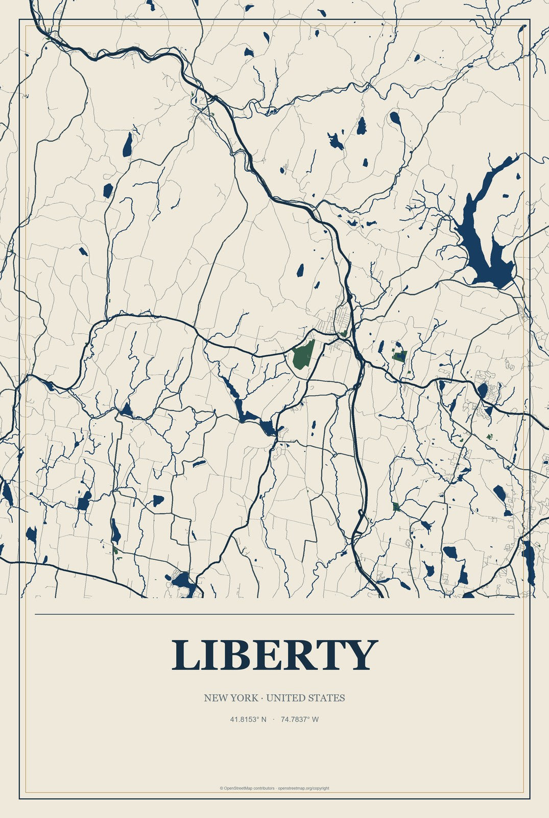 Liberty, New York City Map Aluminum Sign in Coastal Cutout style