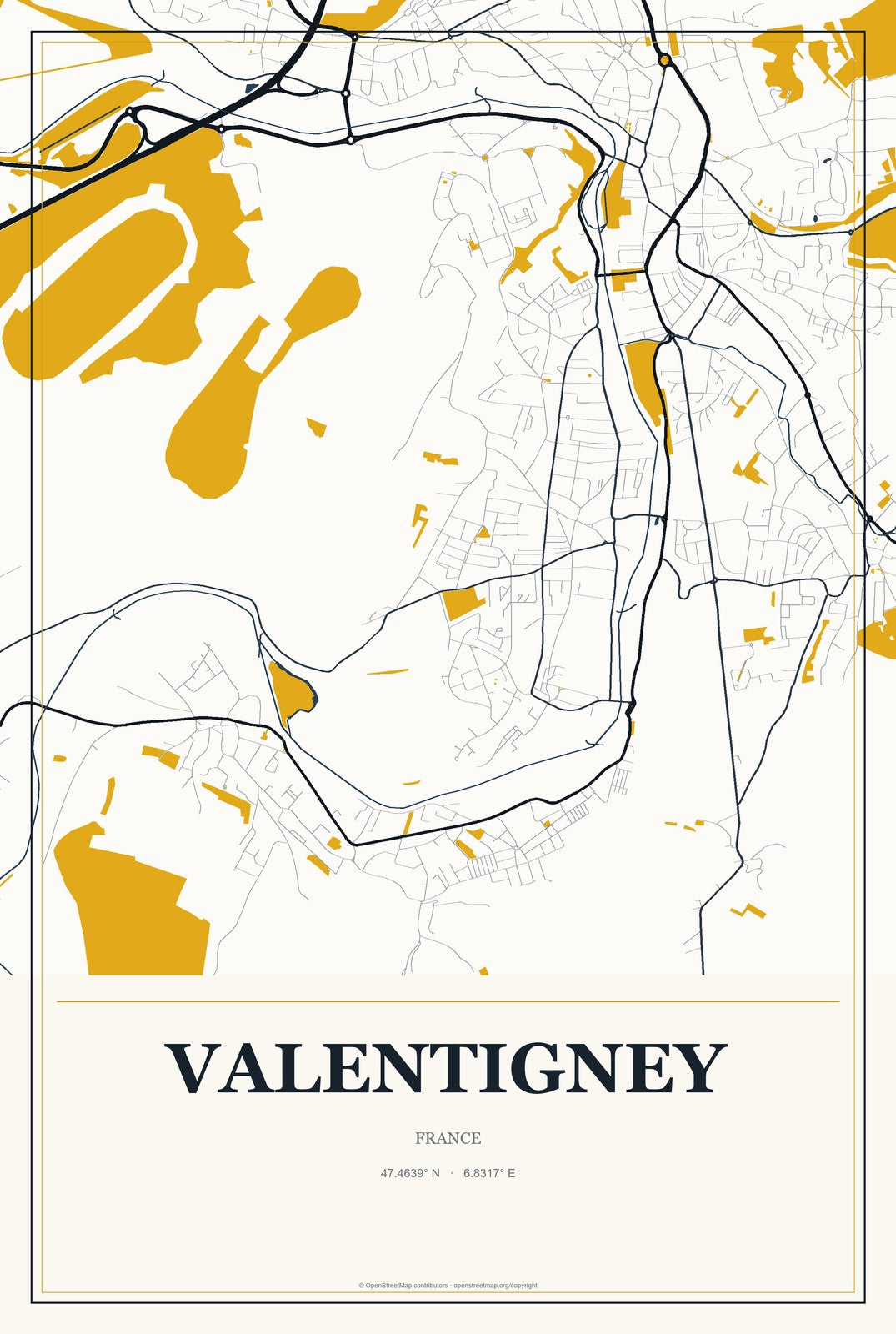 Valentigney, France City Map Aluminum Sign in Citrine Modern style
