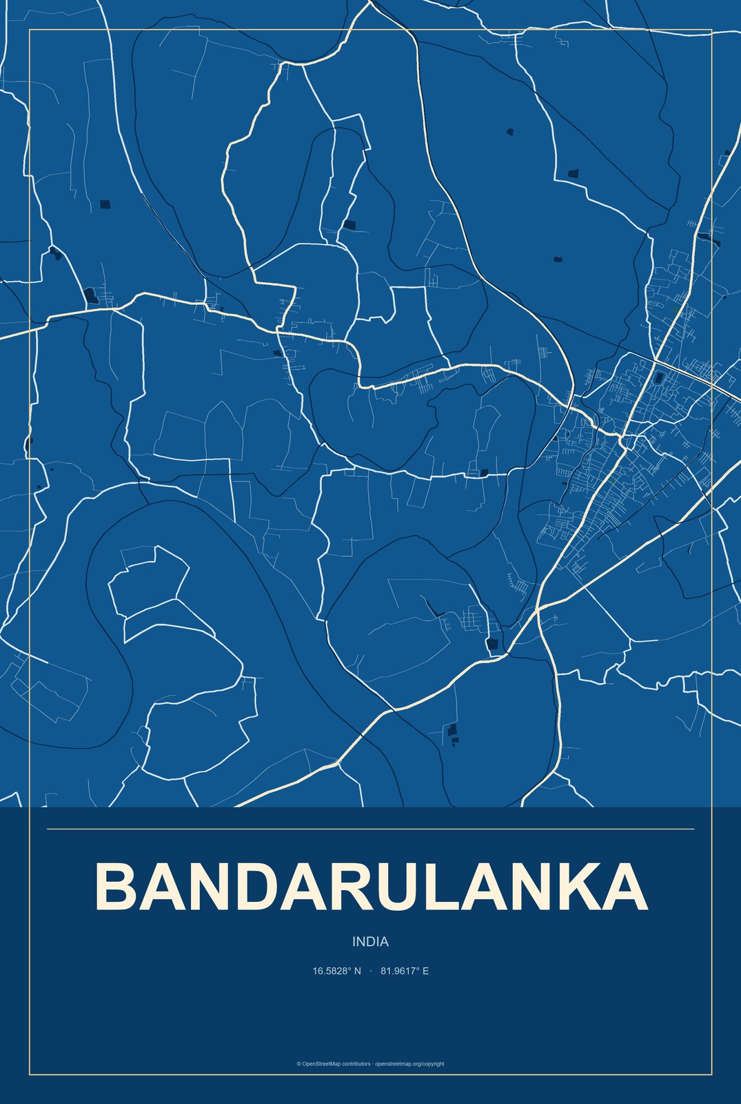 Bandarulanka, India City Map Aluminum Sign in Harbor Cobalt style