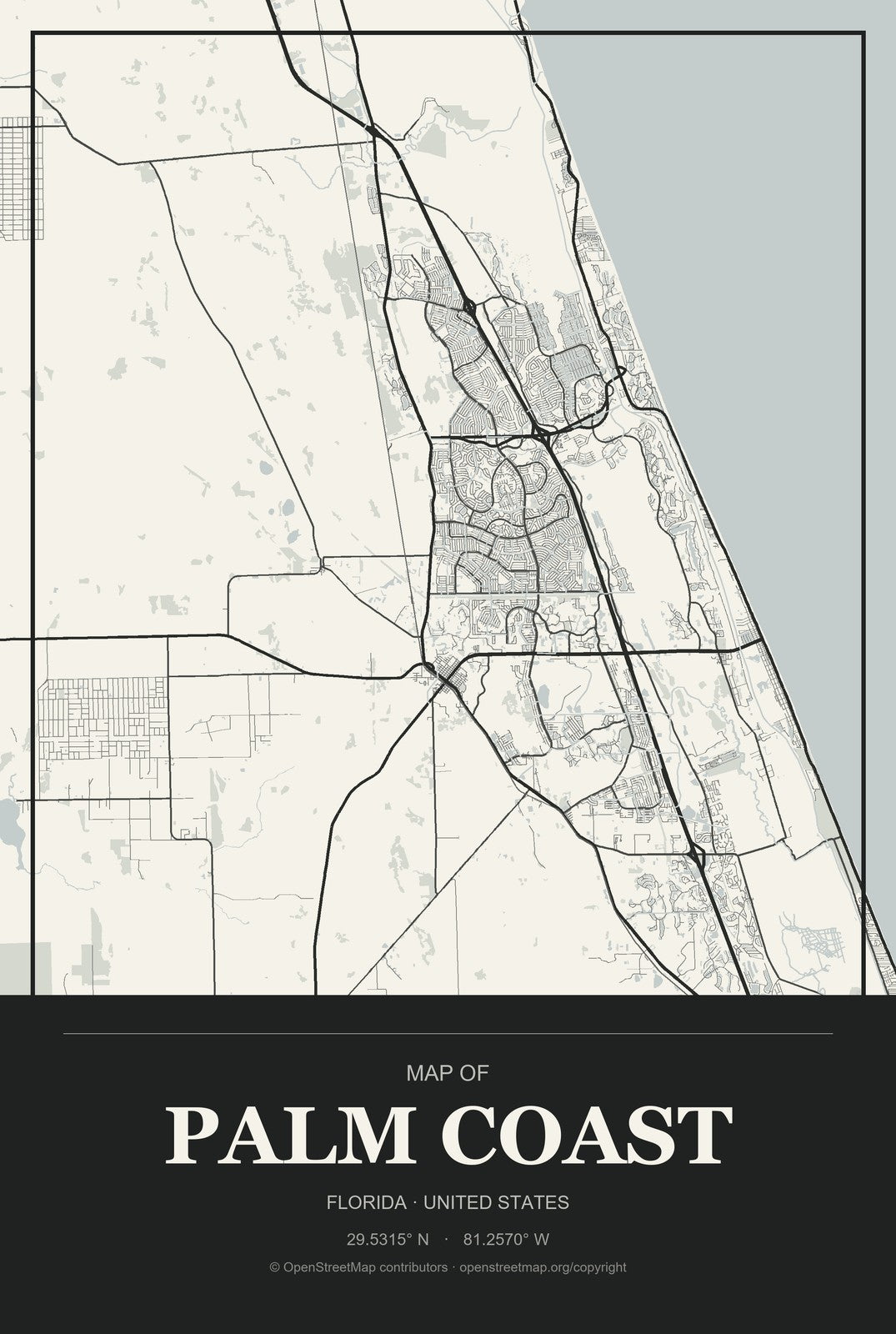 Palm Coast, Florida City Map Aluminum Sign in Museum Plaque style