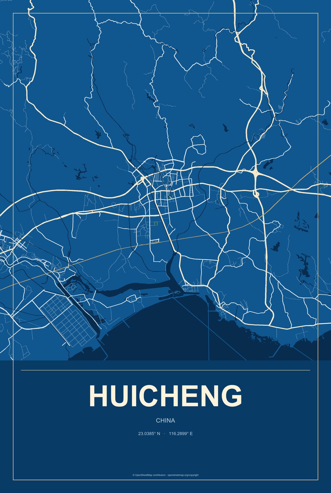 Huicheng, Guangdong, China City Map Aluminum Sign in Harbor Cobalt style