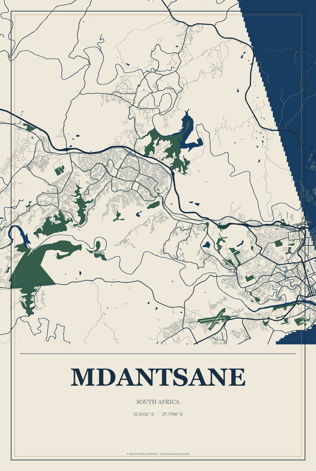Mdantsane, South Africa City Map Aluminum Sign in Coastal Cutout style