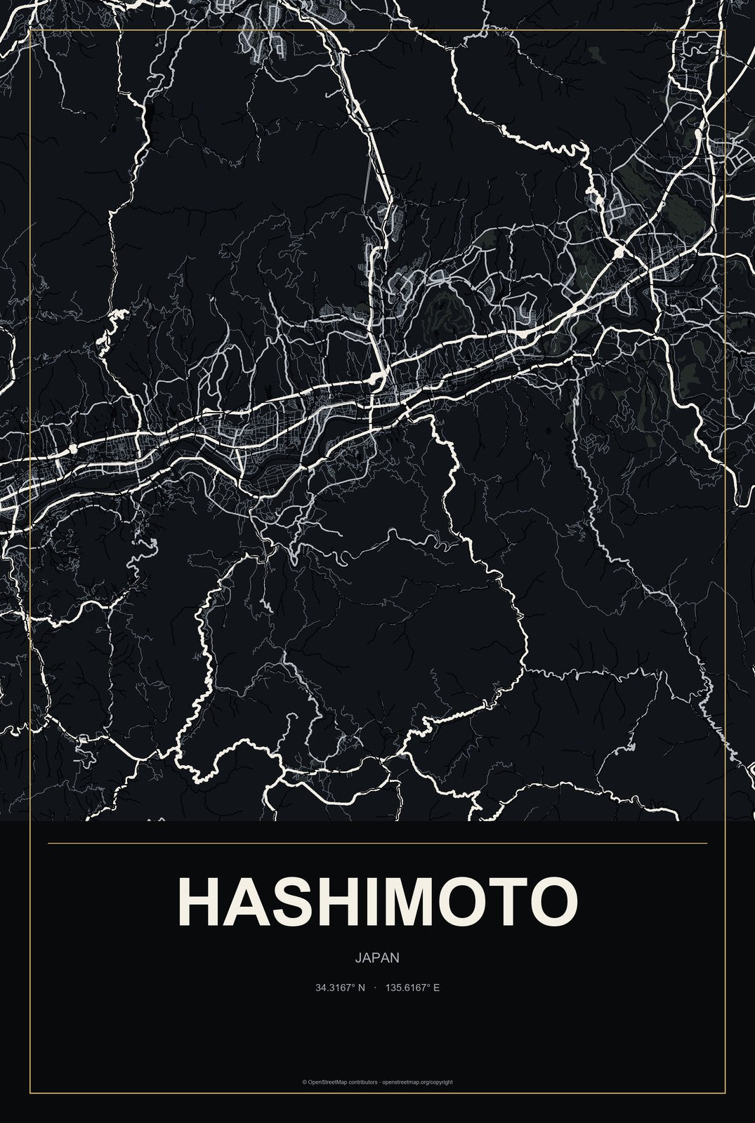 Hashimoto, Japan City Map Aluminum Sign in Metropolitan Noir style