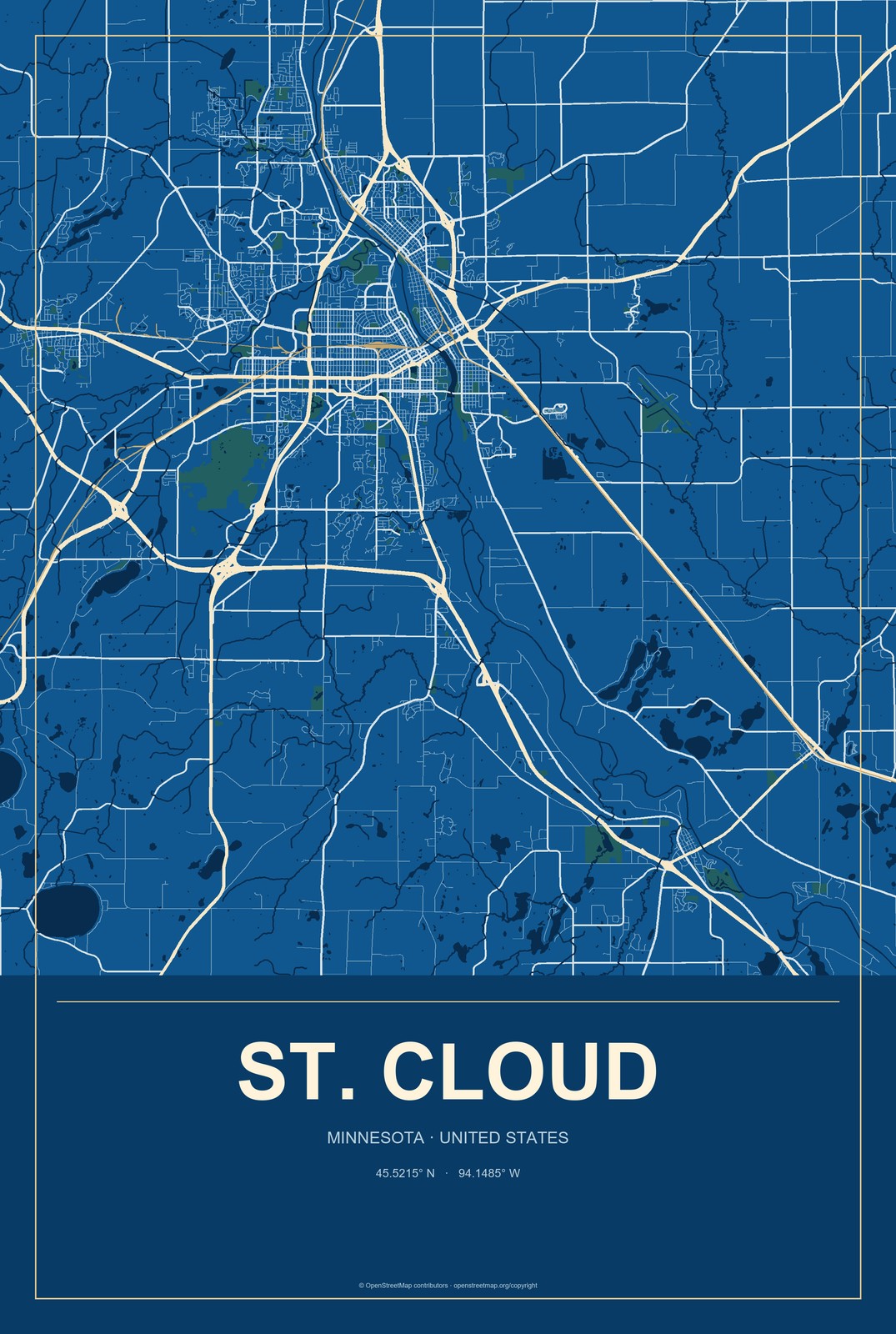 St. Cloud, Minnesota City Map Aluminum Sign in Harbor Cobalt style