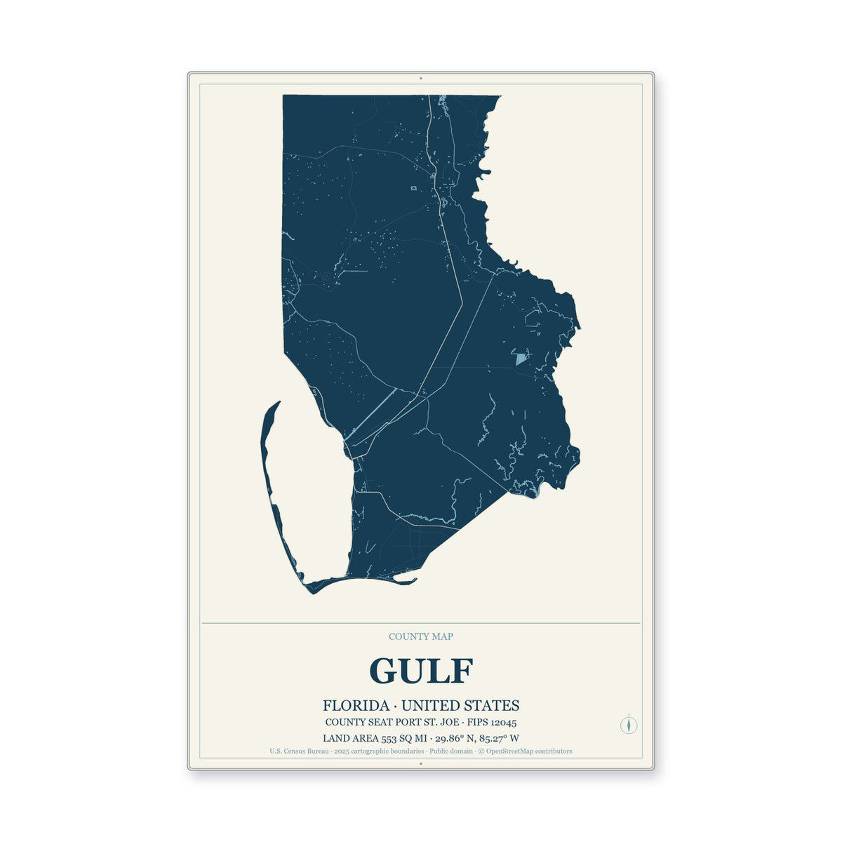 Gulf County, Florida Map Aluminum Sign in Coastal Cutout style