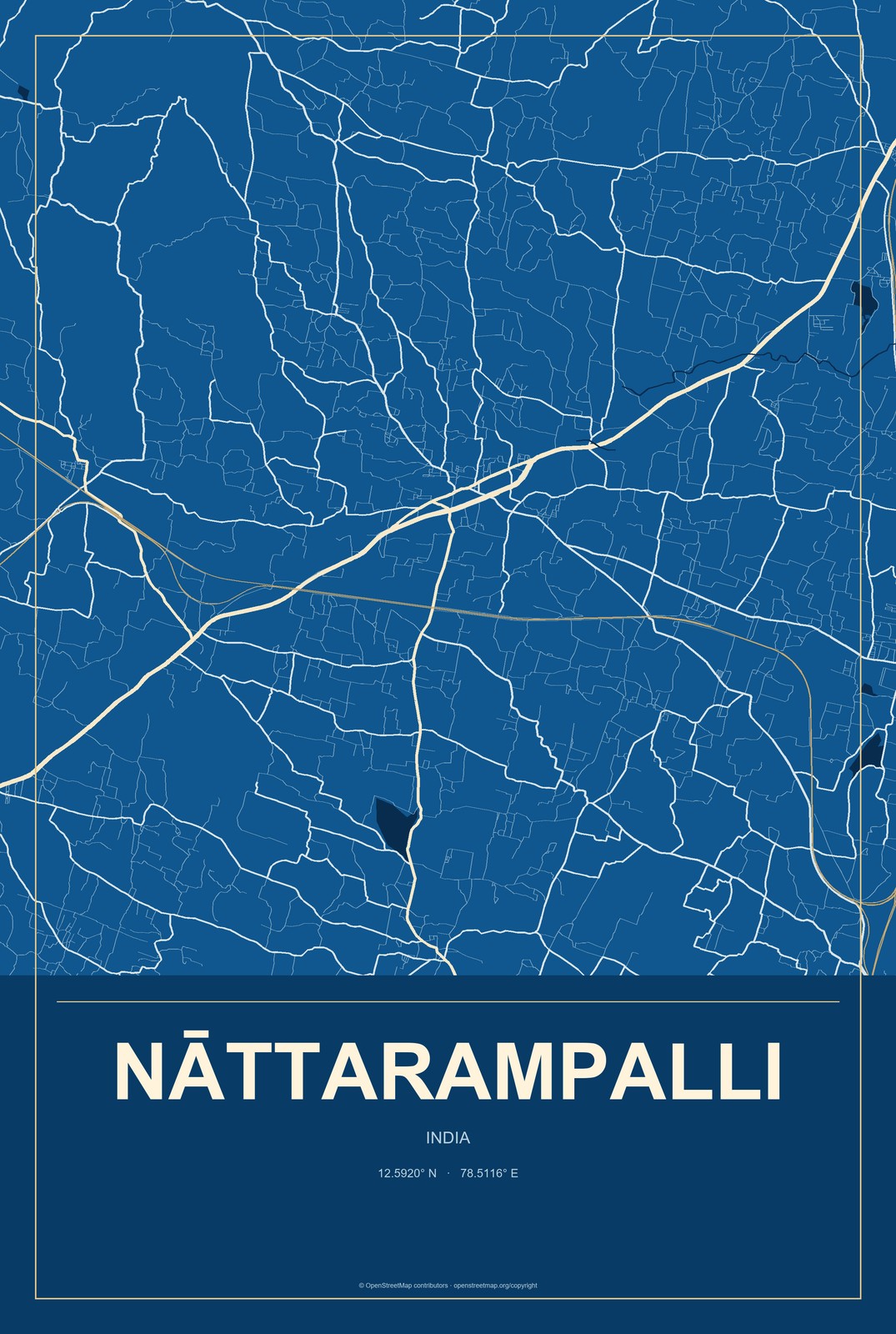 Nāttarampalli, India City Map Aluminum Sign in Harbor Cobalt style