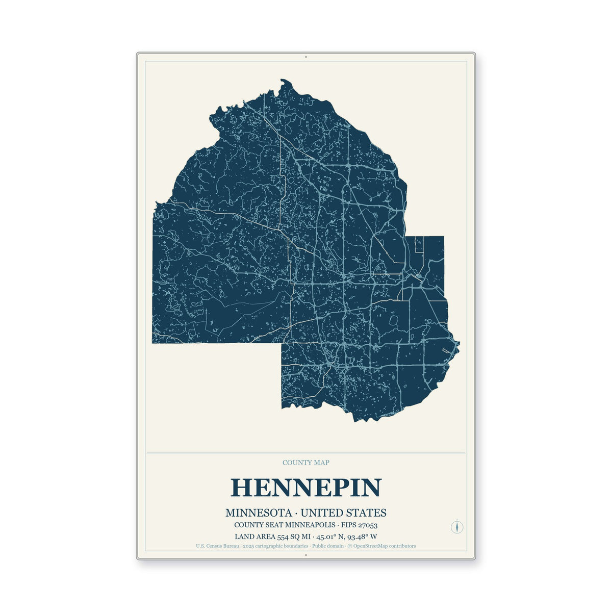 Hennepin County, Minnesota Map Aluminum Sign in Coastal Cutout style