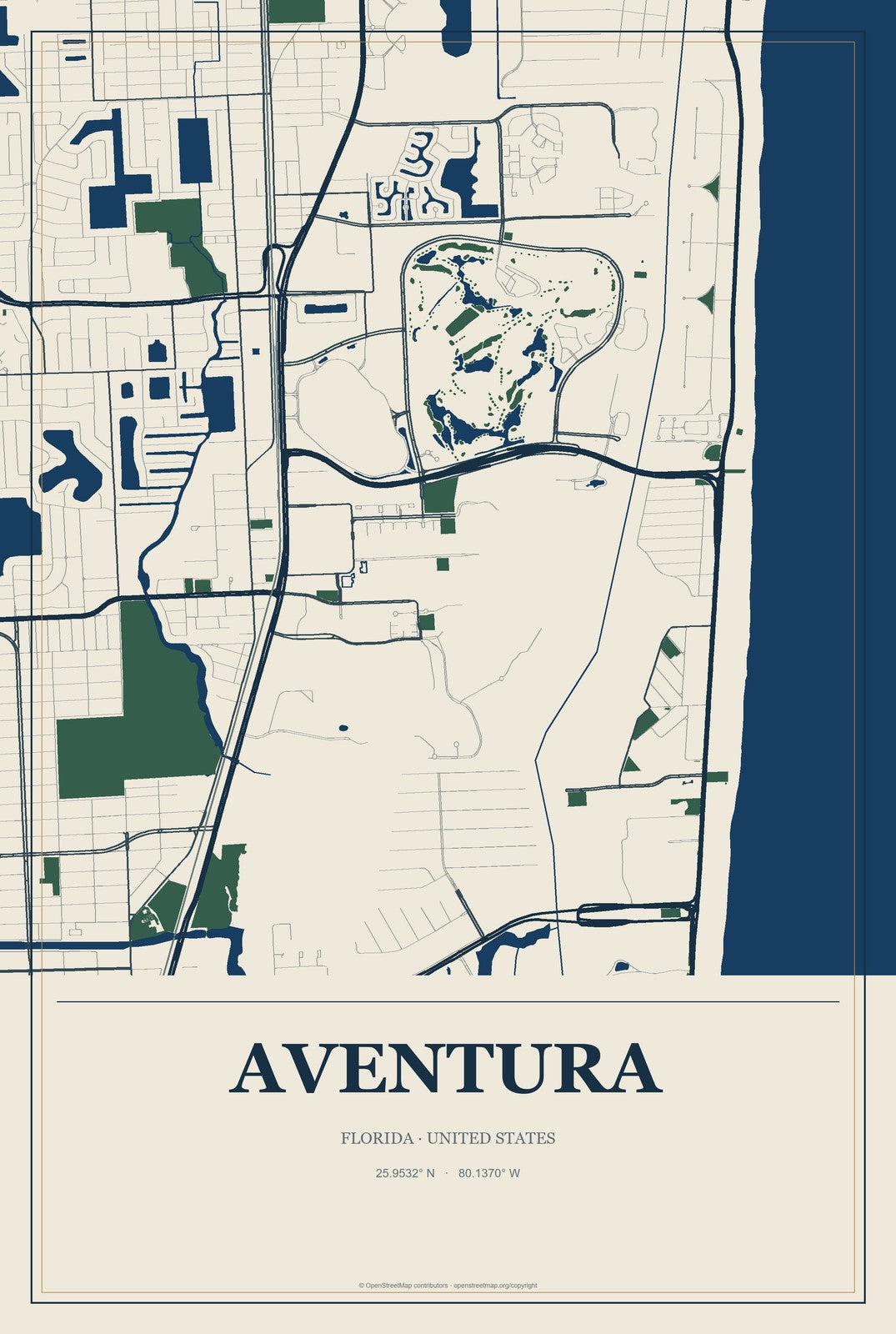 Aventura, Florida City Map Aluminum Sign in Coastal Cutout style