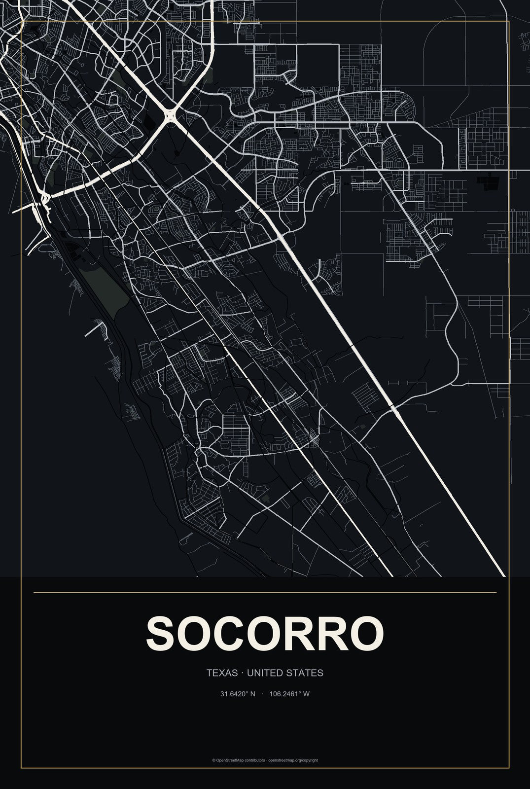 Socorro, Texas City Map Aluminum Sign in Metropolitan Noir style