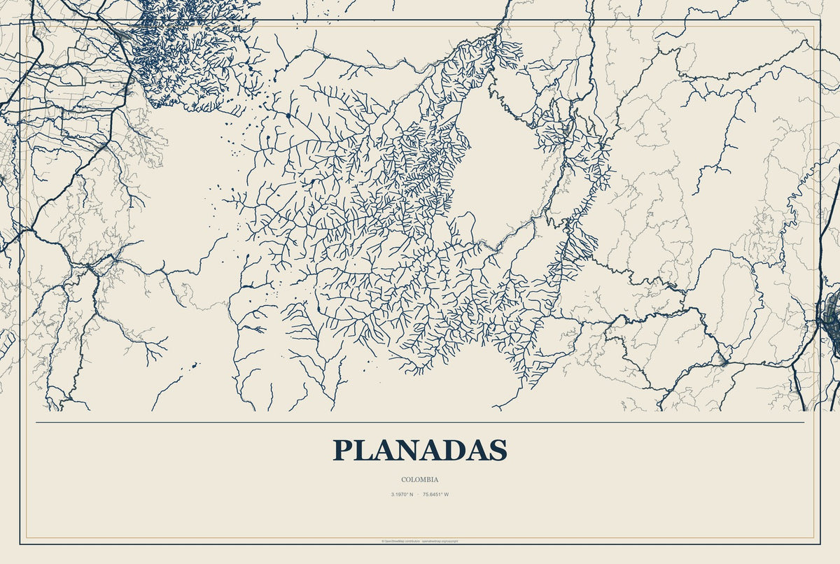 Planadas, Colombia City Map Aluminum Sign in Coastal Cutout style