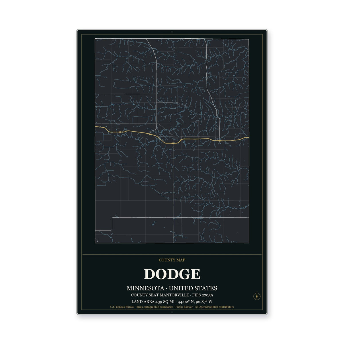Dodge County, Minnesota Map Aluminum Sign in Metropolitan Noir style