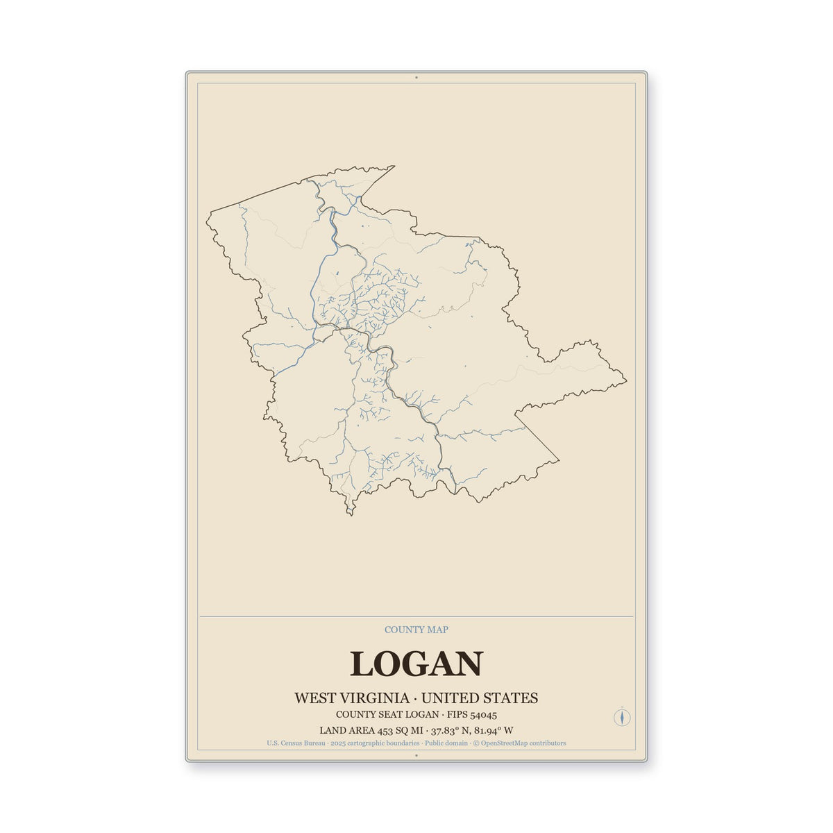 Logan County, West Virginia Map Aluminum Sign in Heritage Nautical style