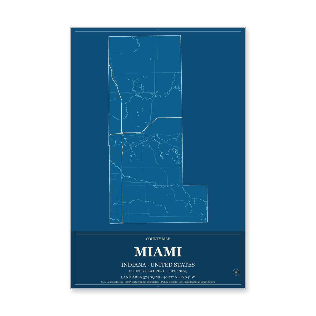 Miami County, Indiana Map Aluminum Sign in Harbor Cobalt style