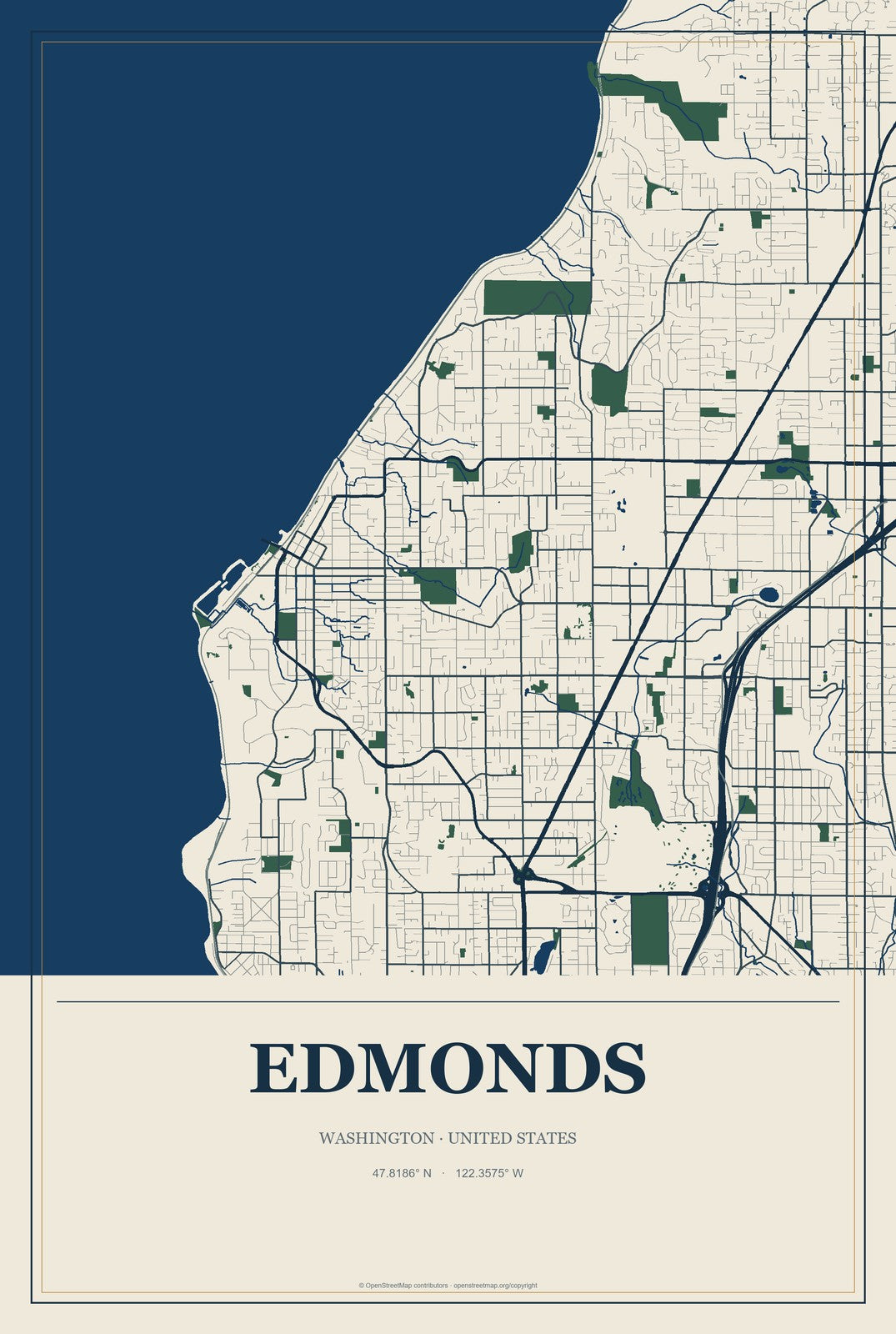 Edmonds, Washington City Map Aluminum Sign in Coastal Cutout style