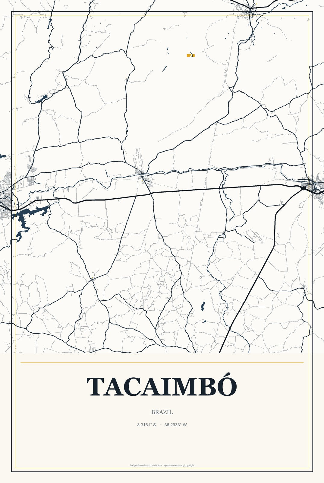 Tacaimbó, Brazil City Map Aluminum Sign in Citrine Modern style