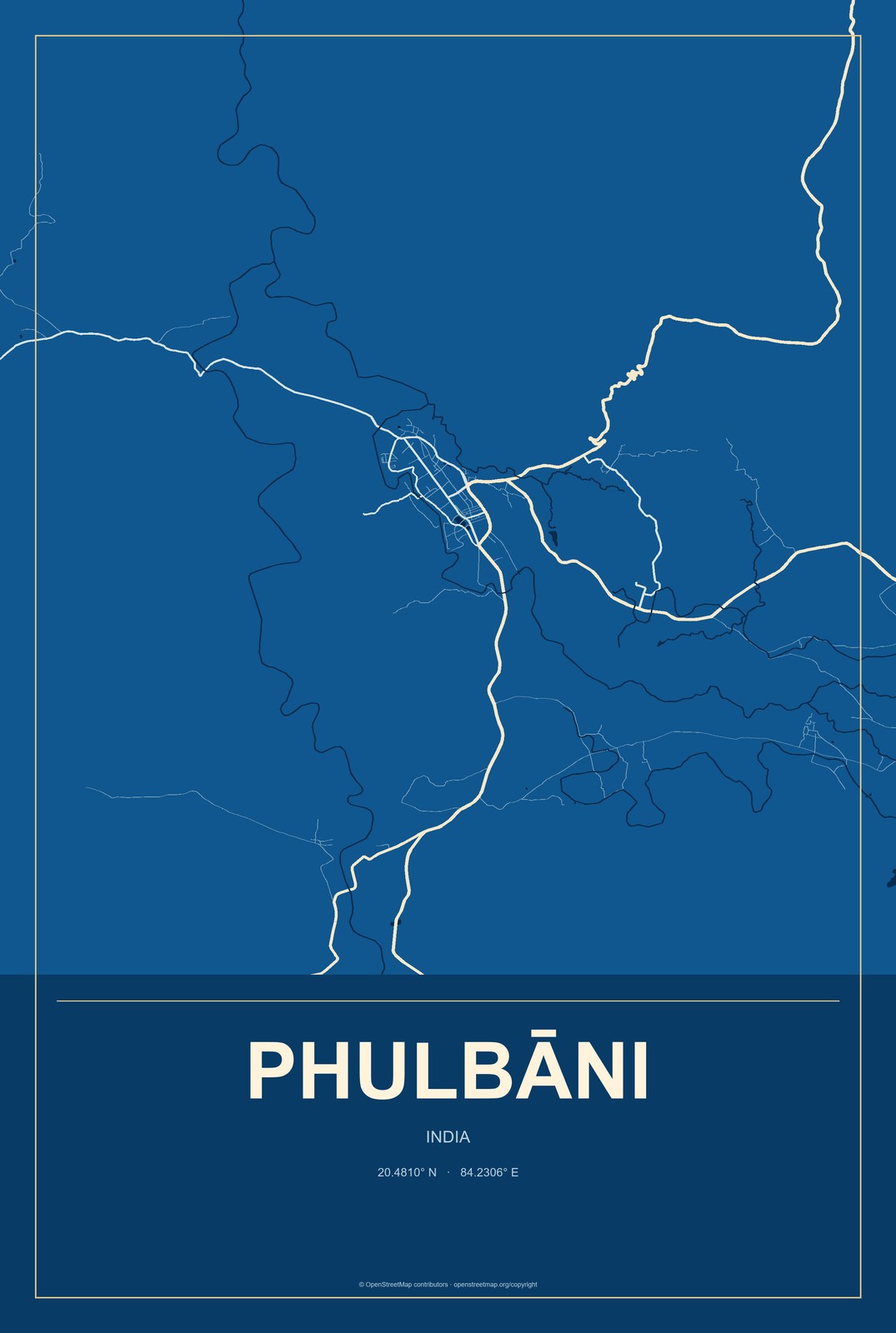 Phulbāni, India City Map Aluminum Sign in Harbor Cobalt style