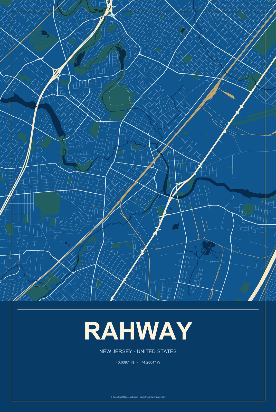 Rahway, New Jersey City Map Aluminum Sign in Harbor Cobalt style