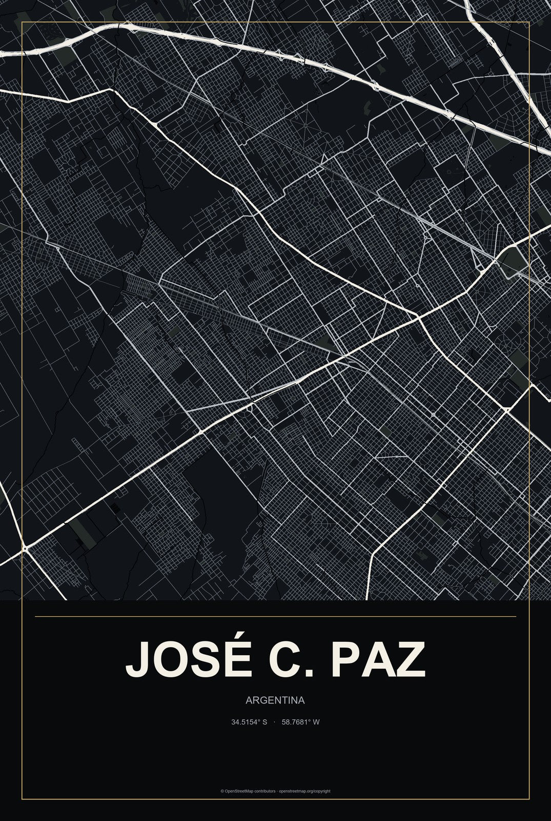 José C. Paz, Argentina City Map Aluminum Sign in Metropolitan Noir style