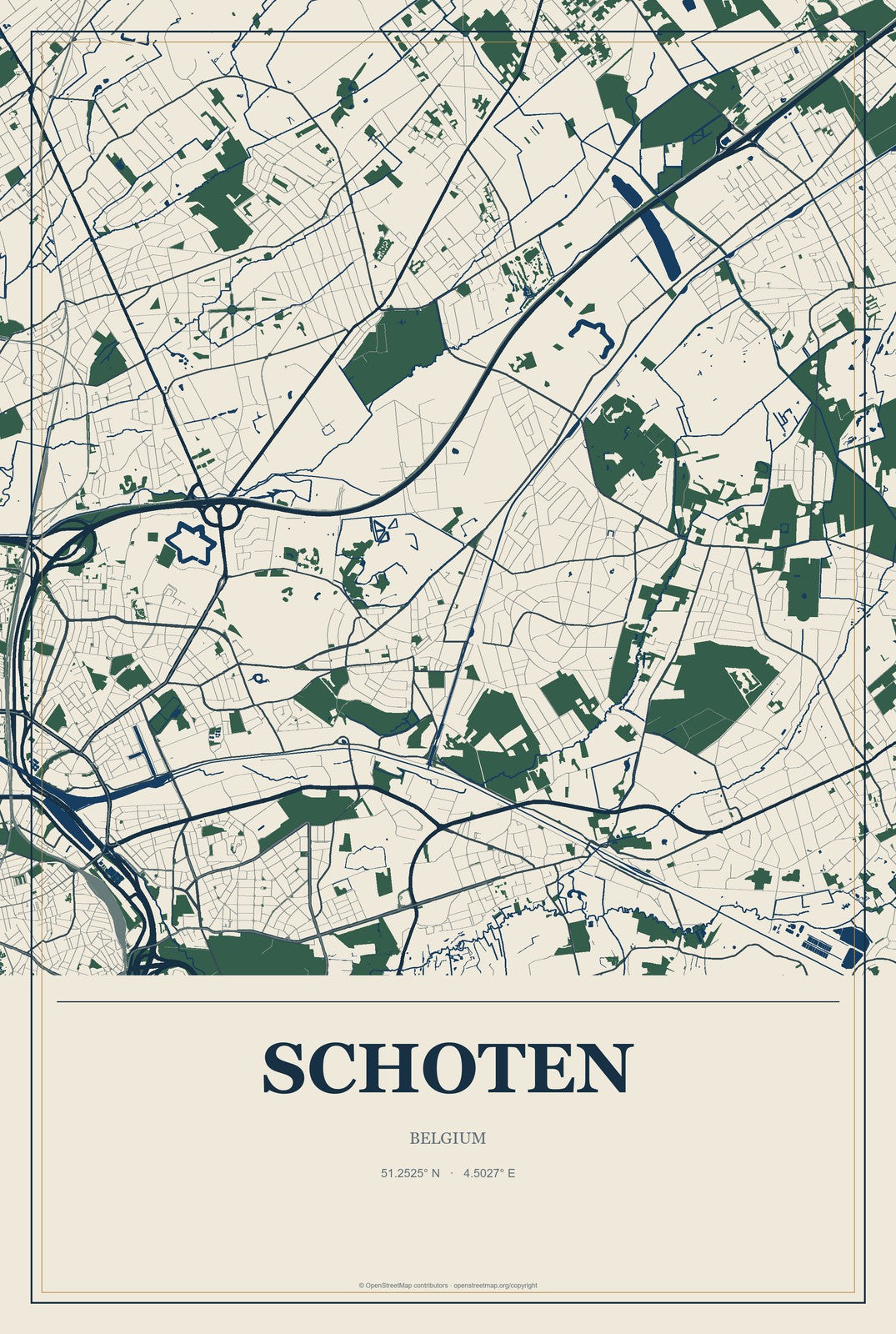 Schoten, Belgium City Map Aluminum Sign in Coastal Cutout style