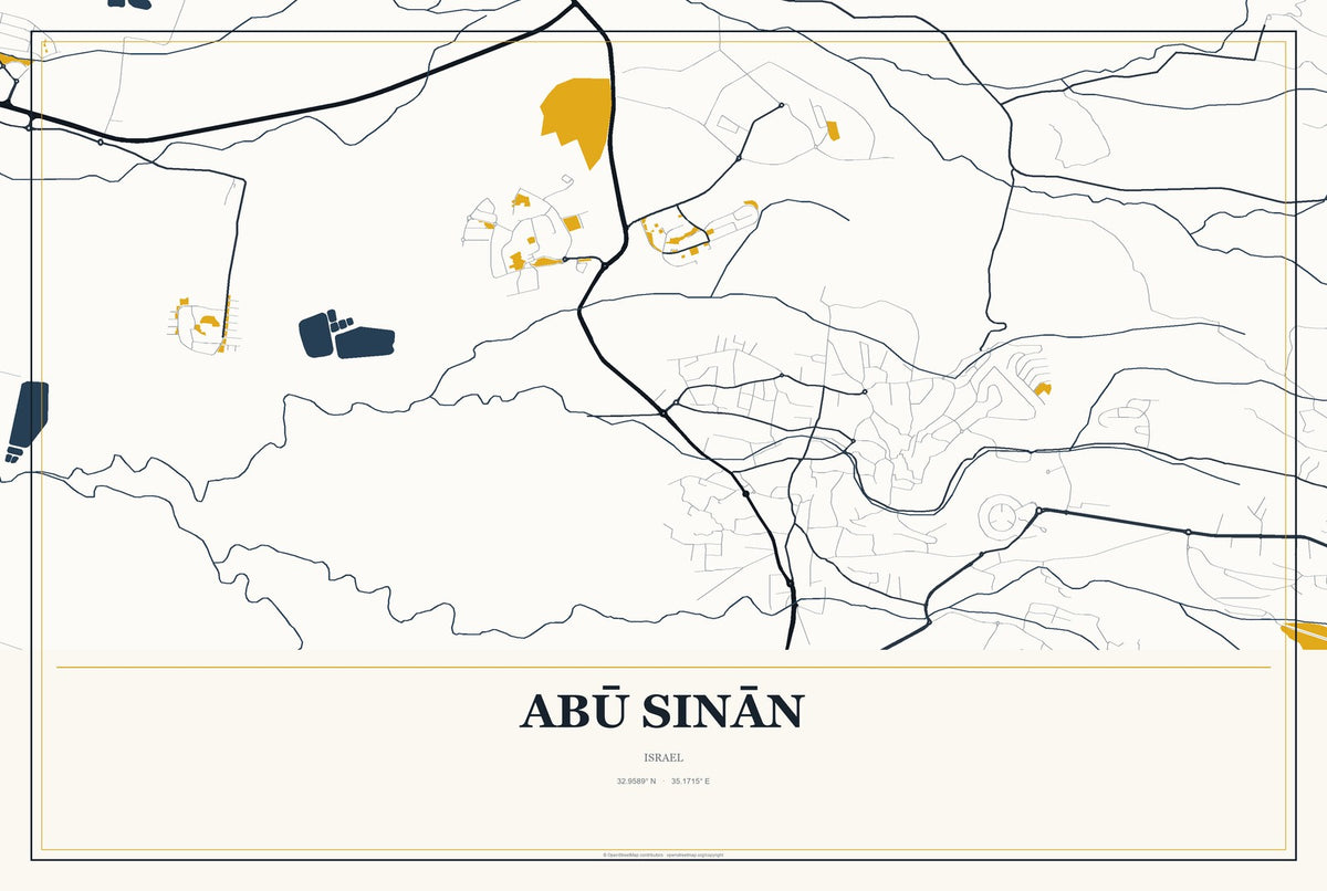 Abū Sinān, Israel City Map Aluminum Sign in Citrine Modern style