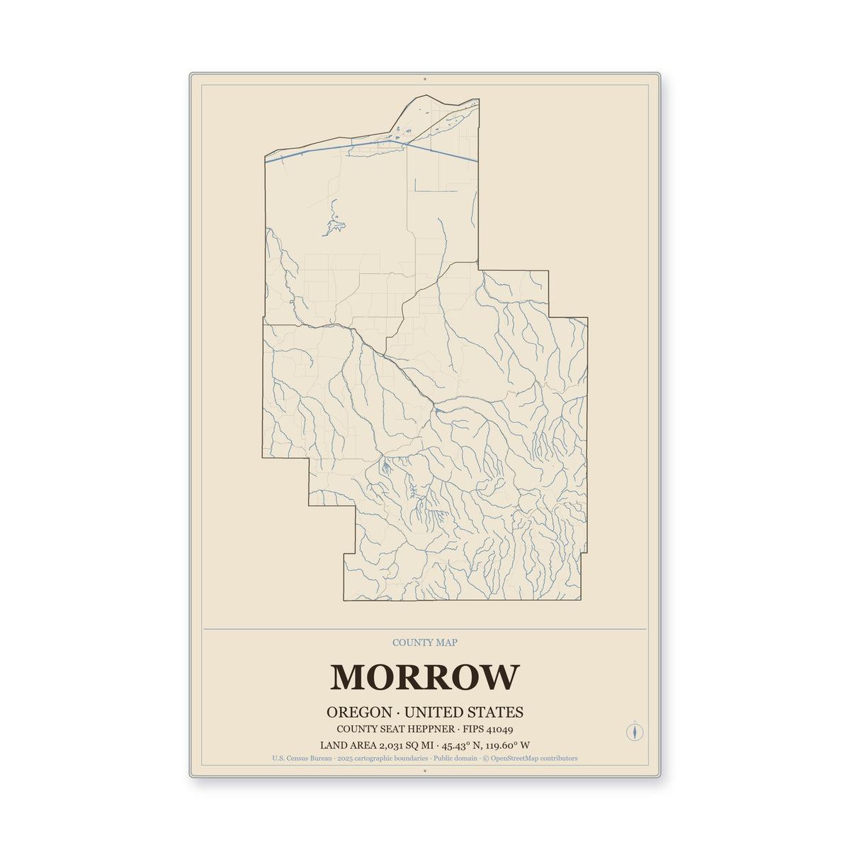 Morrow County, Oregon Map Aluminum Sign in Heritage Nautical style