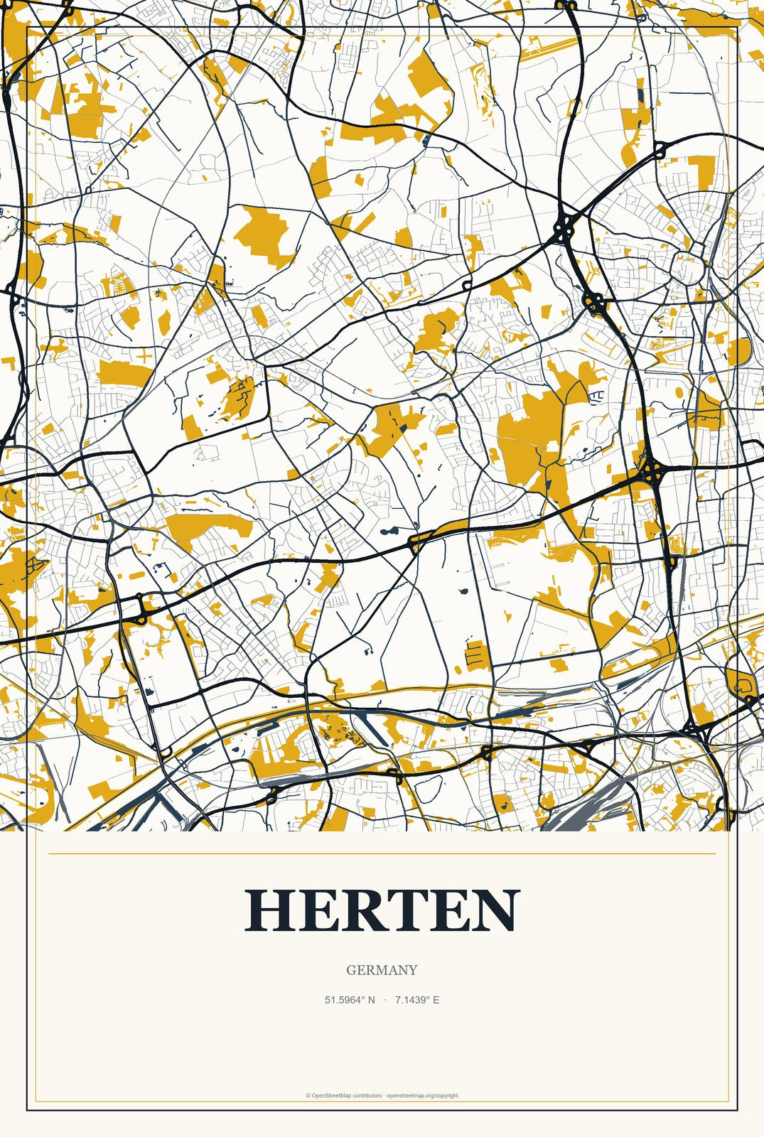 Herten, Germany City Map Aluminum Sign in Citrine Modern style