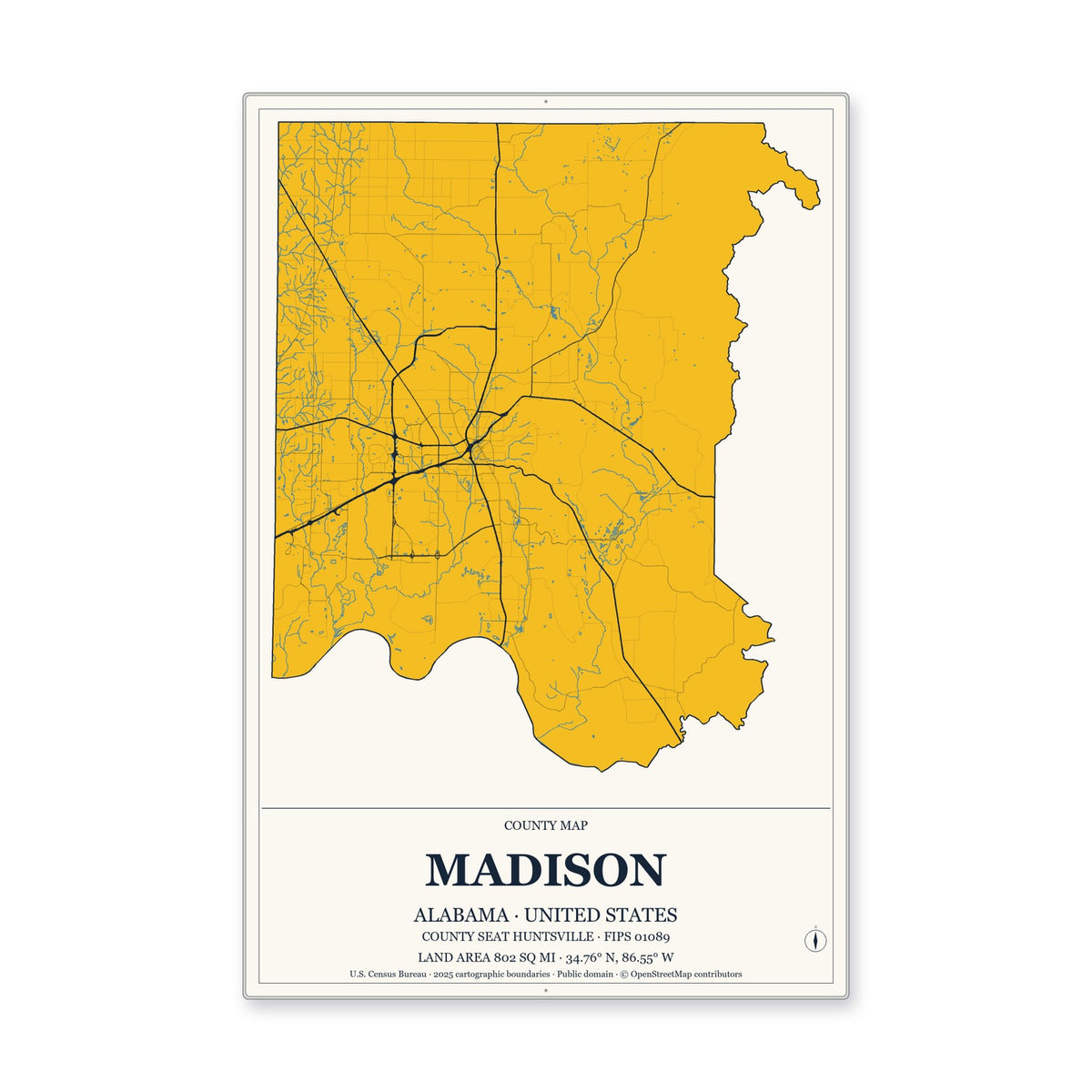 Madison County, Alabama Map Aluminum Sign in Citrine Modern style