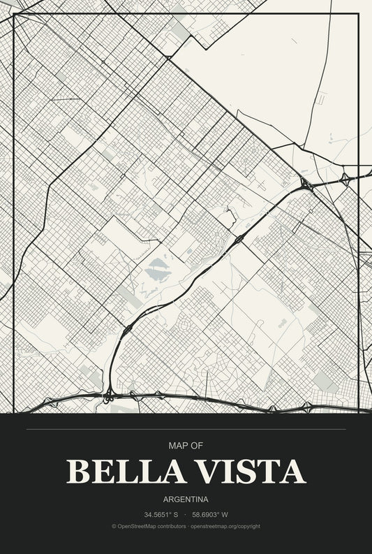 Bella Vista, Tucuman, Argentina City Map Aluminum Sign in Museum Plaque style