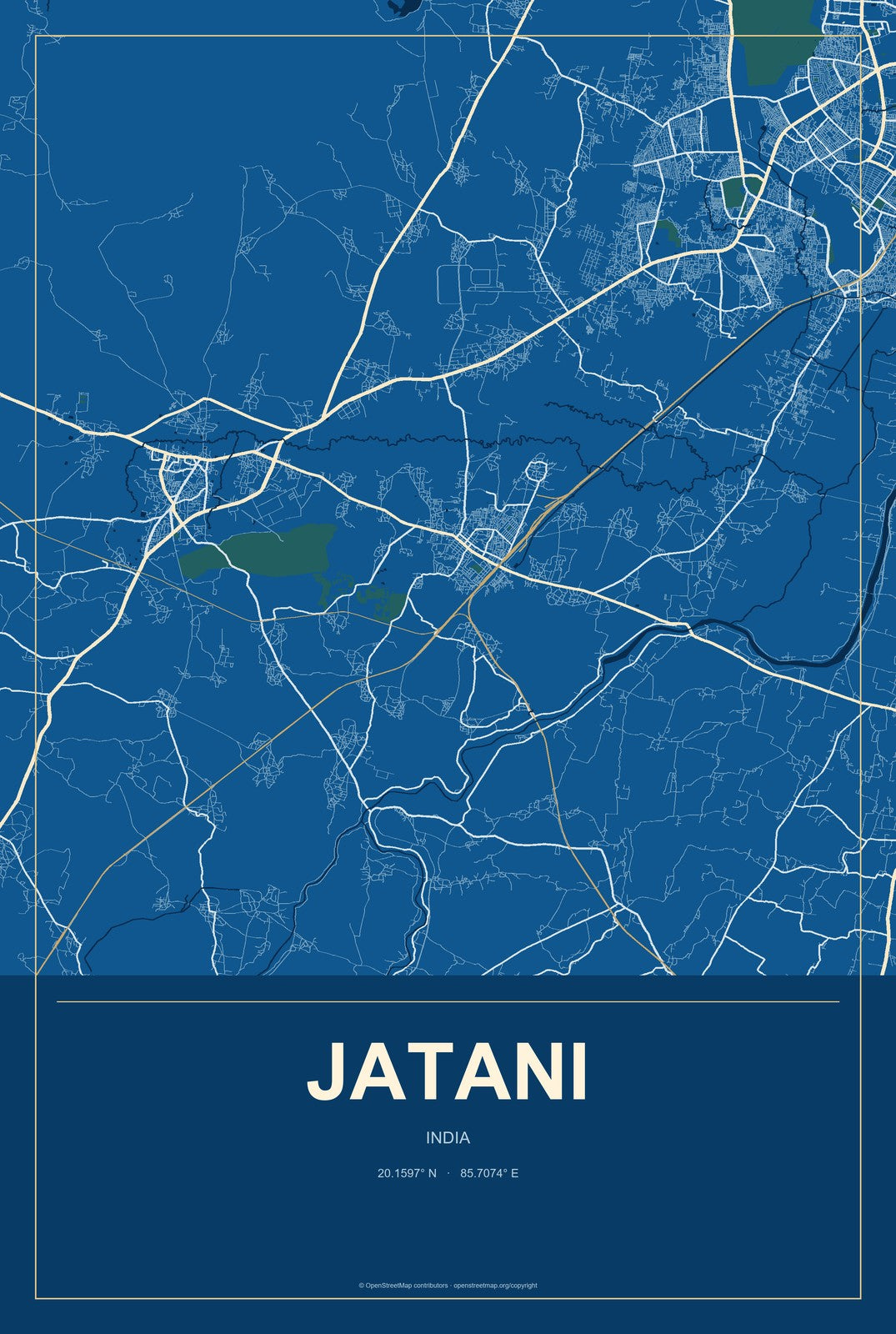 Jatani, India City Map Aluminum Sign in Harbor Cobalt style