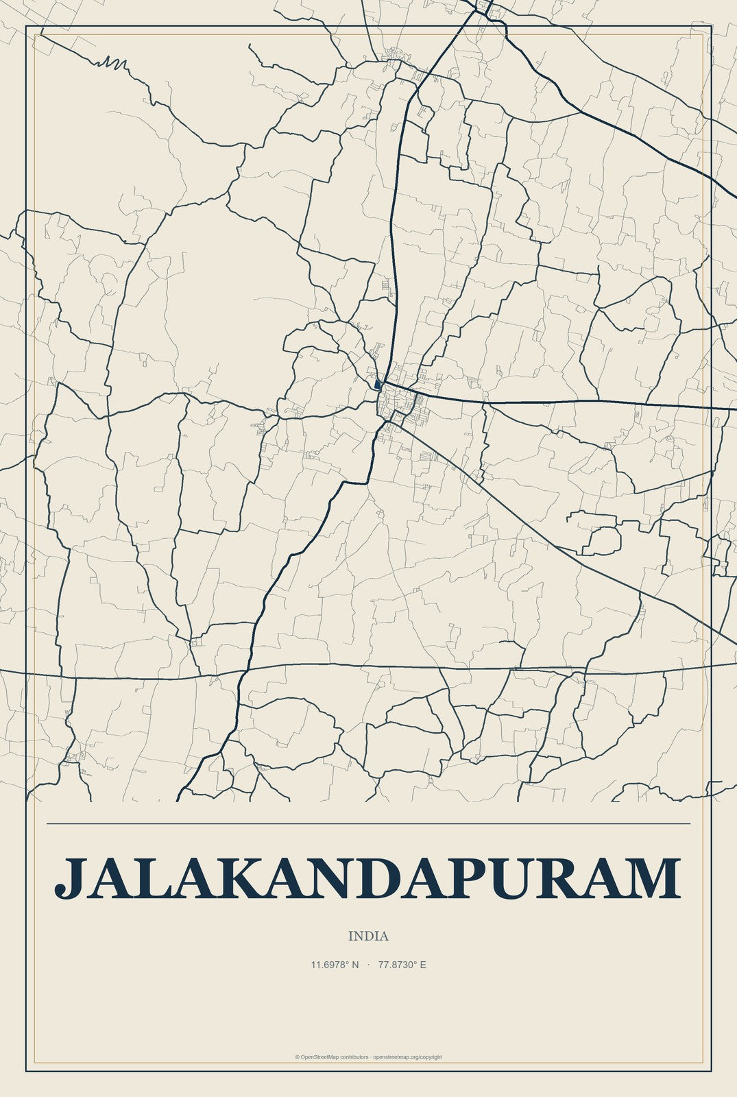 Jalakandapuram, India City Map Aluminum Sign in Coastal Cutout style