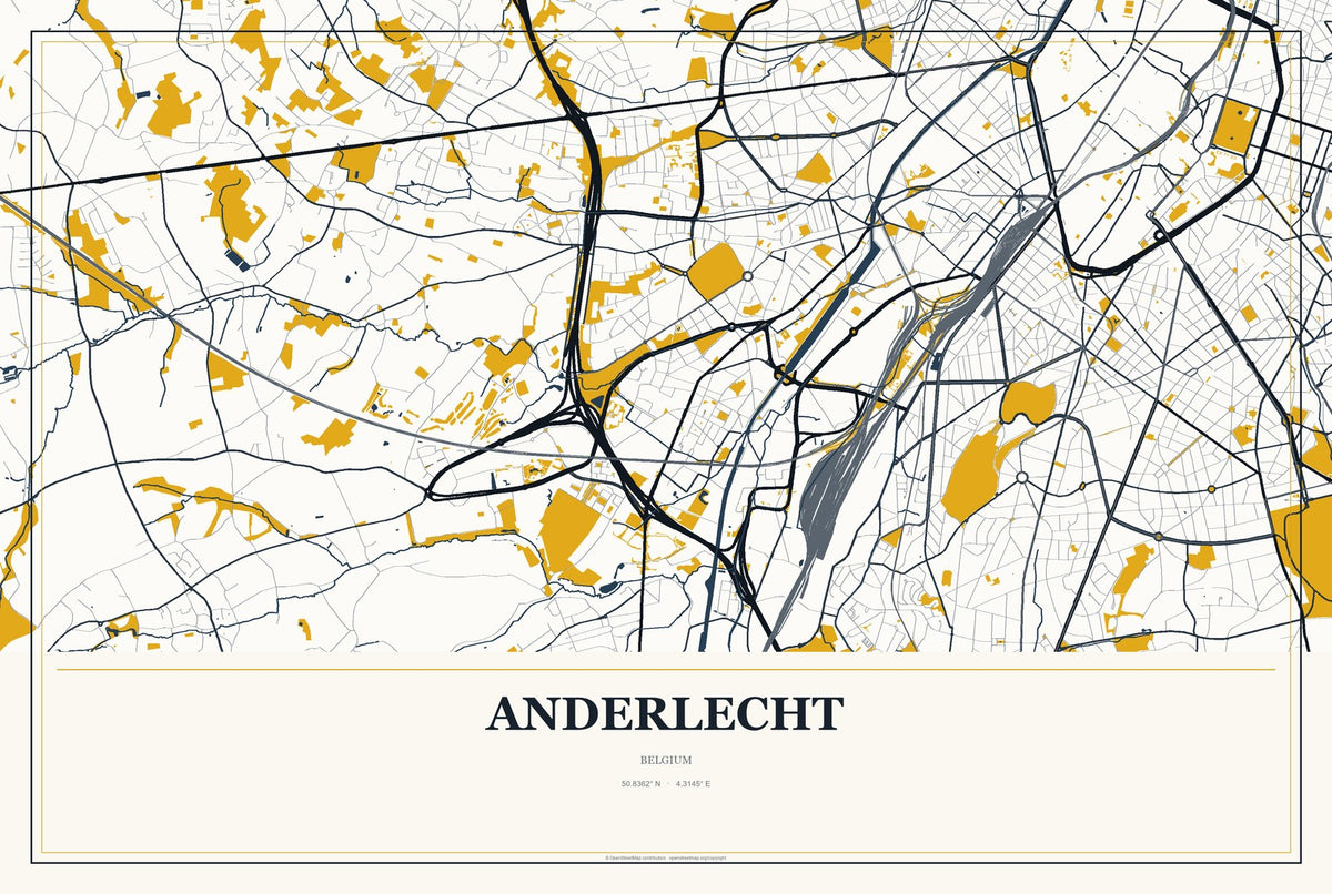 Anderlecht, Belgium City Map Aluminum Sign in Citrine Modern style