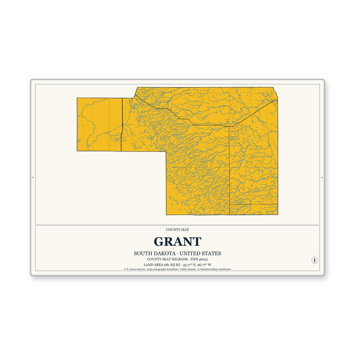 Grant County, South Dakota Map Aluminum Sign in Citrine Modern style