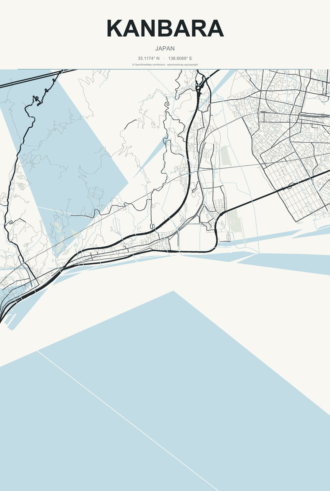 Kanbara, Japan City Map Aluminum Sign in Headline Atlas style